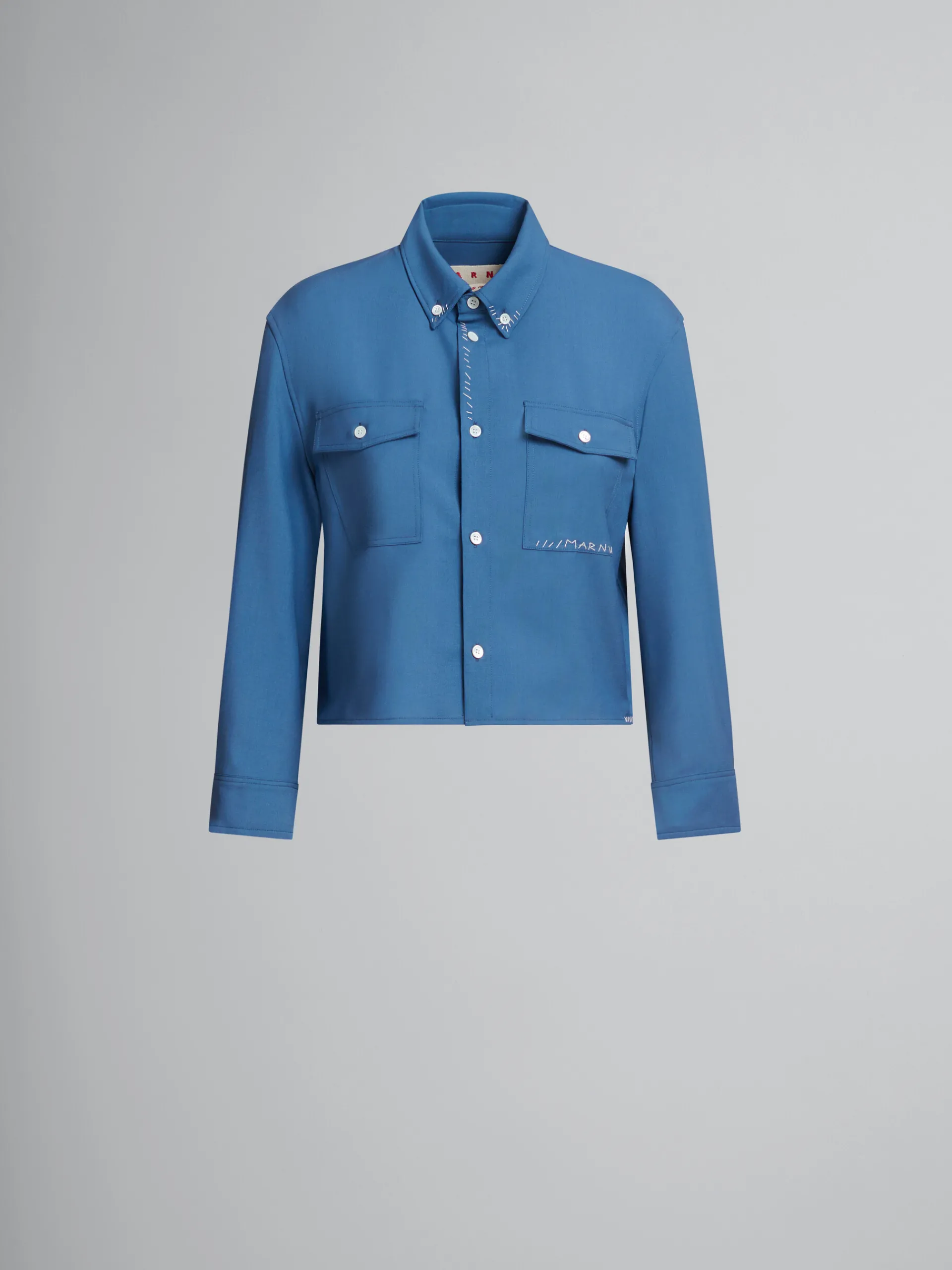 Matching Sets | Tops & T-Shirts>Marni Blue Tropical Wool Cropped Shirt With Mending SAPPHIRE BLUE