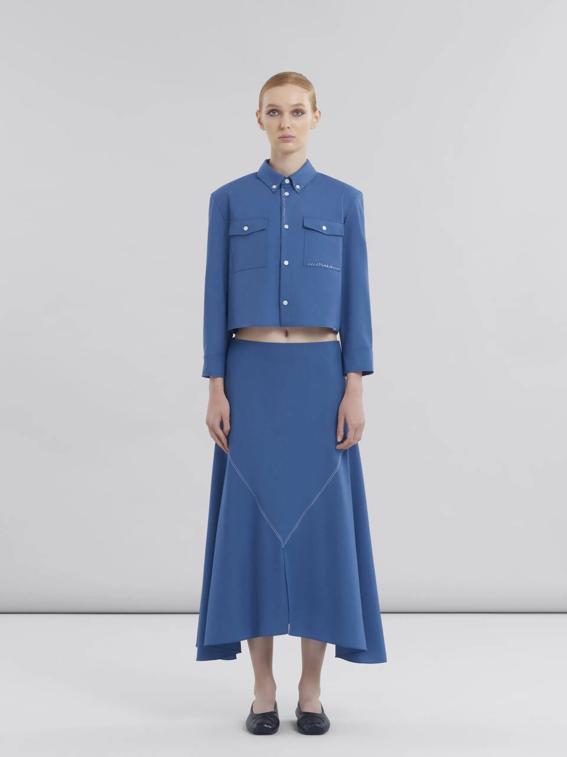 Matching Sets | Tops & T-Shirts>Marni Blue Tropical Wool Cropped Shirt With Mending SAPPHIRE BLUE