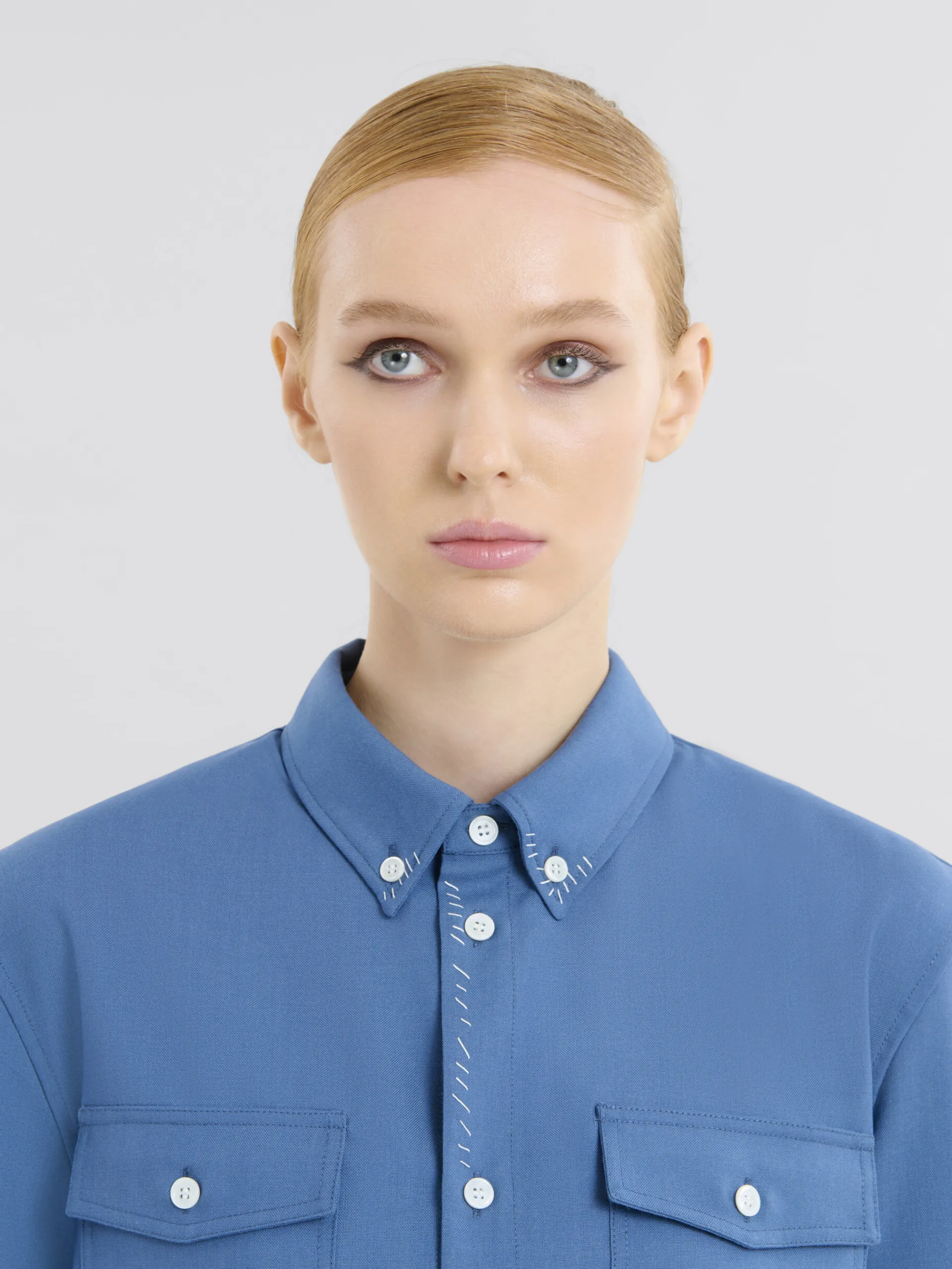Matching Sets | Tops & T-Shirts>Marni Blue Tropical Wool Cropped Shirt With Mending SAPPHIRE BLUE