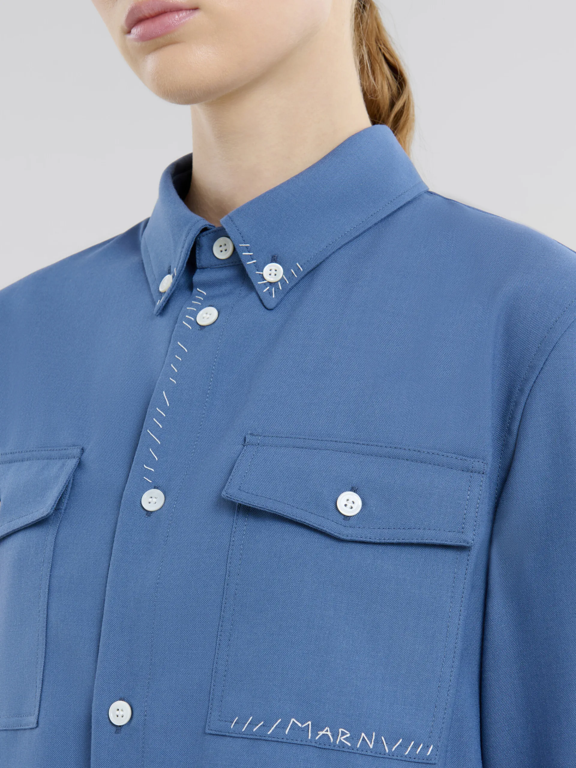 Matching Sets | Tops & T-Shirts>Marni Blue Tropical Wool Cropped Shirt With Mending SAPPHIRE BLUE