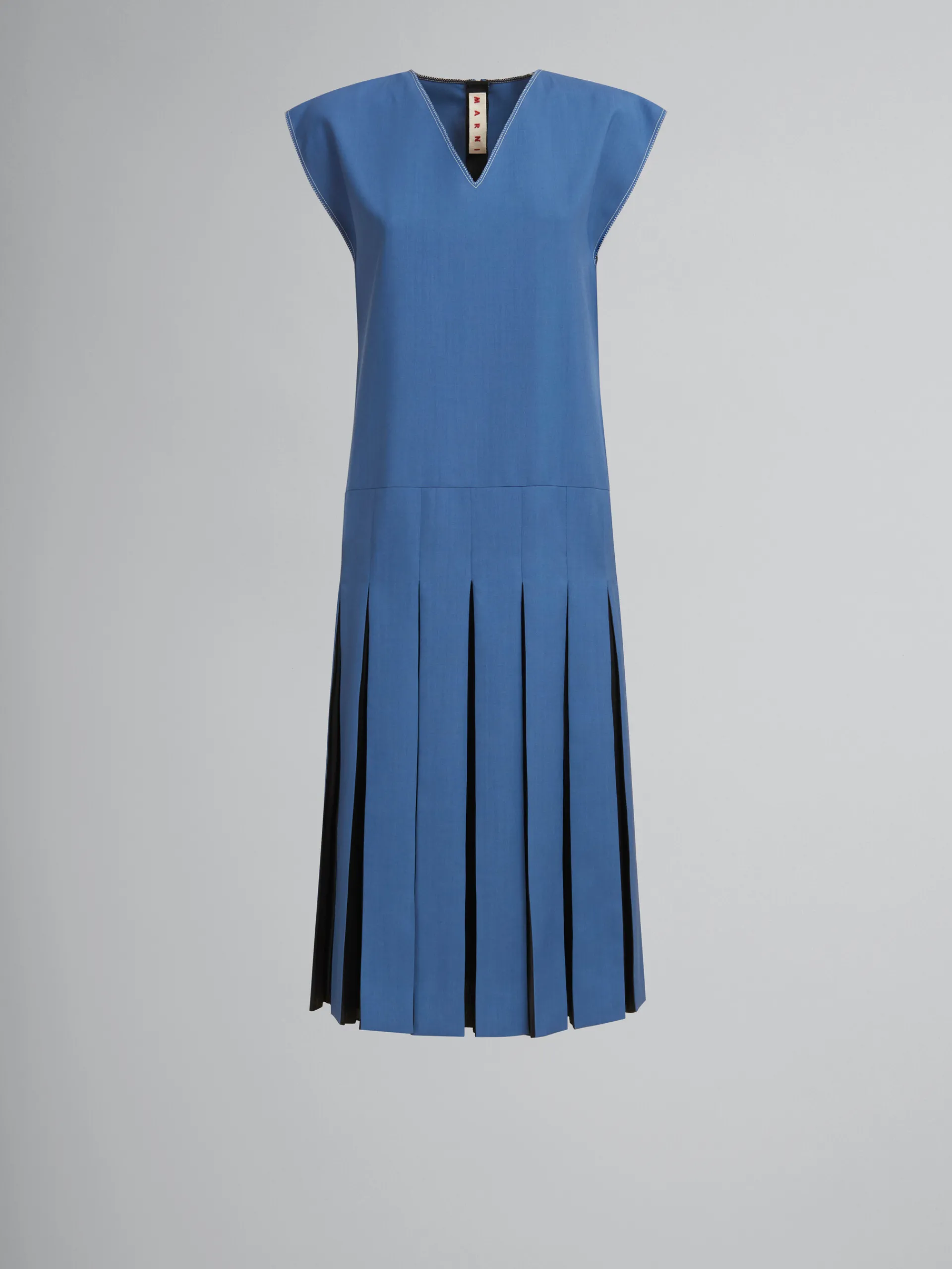 Dresses>Marni Blue Tropical Wool Dress With Contrast Pleats SAPPHIRE BLUE