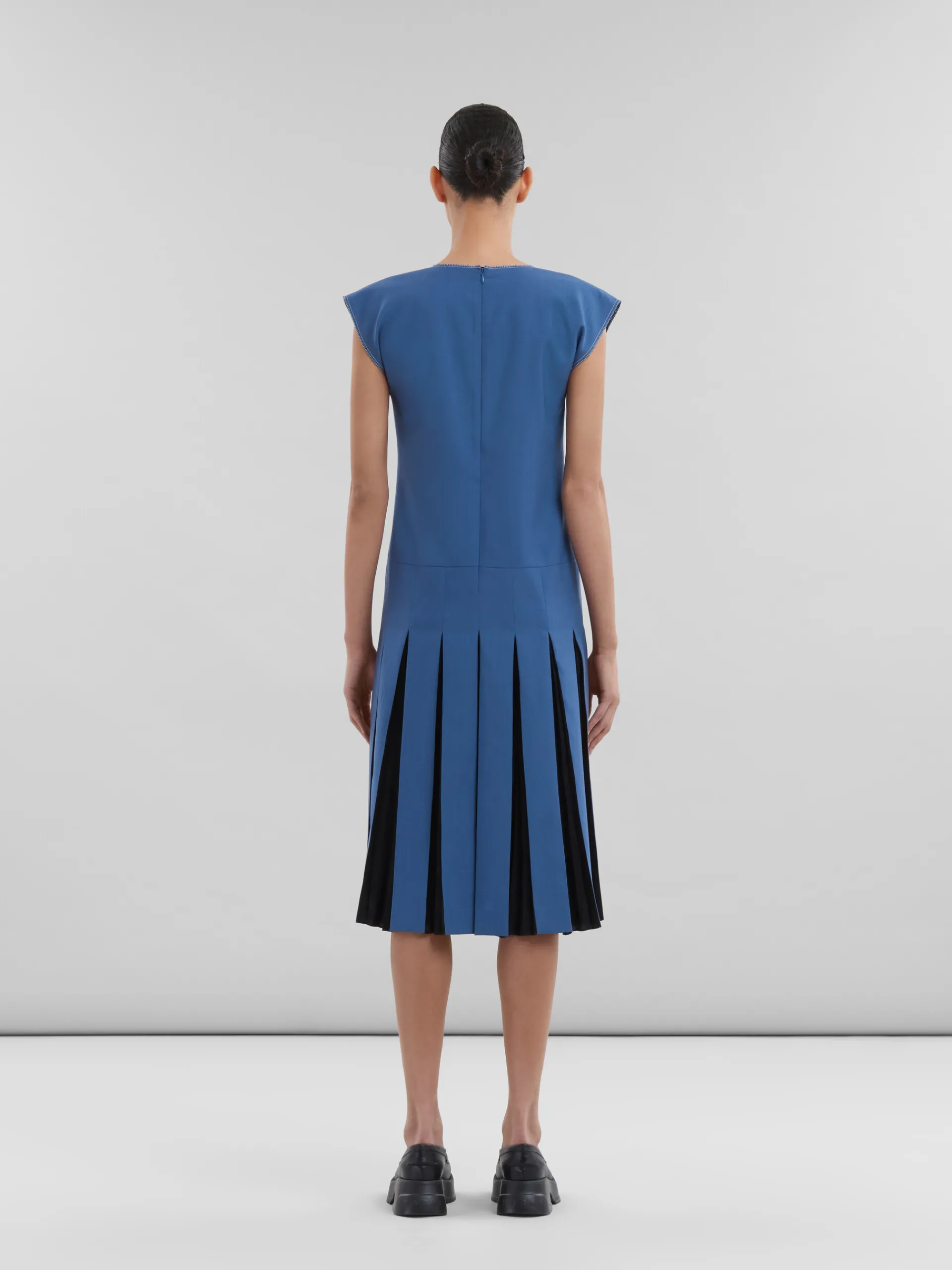 Dresses>Marni Blue Tropical Wool Dress With Contrast Pleats SAPPHIRE BLUE