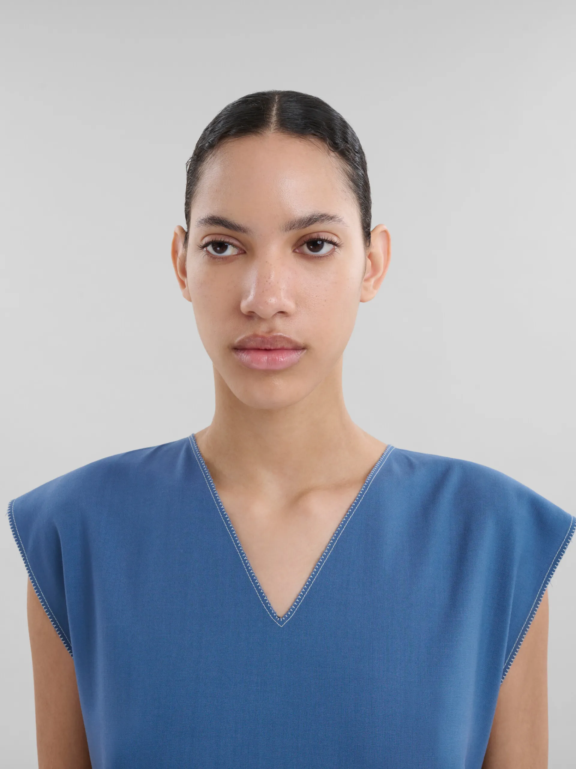 Dresses>Marni Blue Tropical Wool Dress With Contrast Pleats SAPPHIRE BLUE