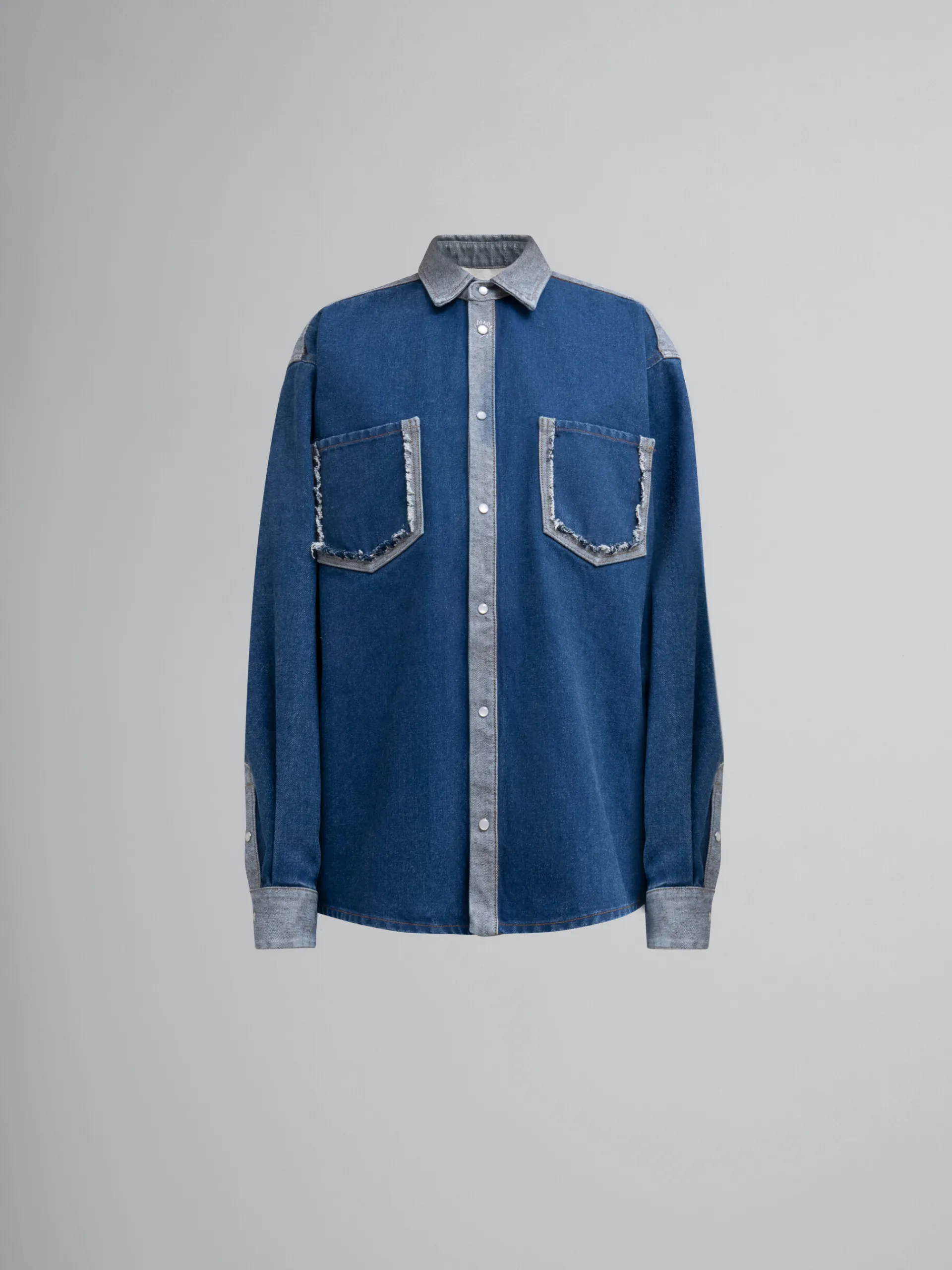 Denim | Tops & T-Shirts>Marni Blue Two-tone Denim Shirt With Raw-cut Edges OCEAN