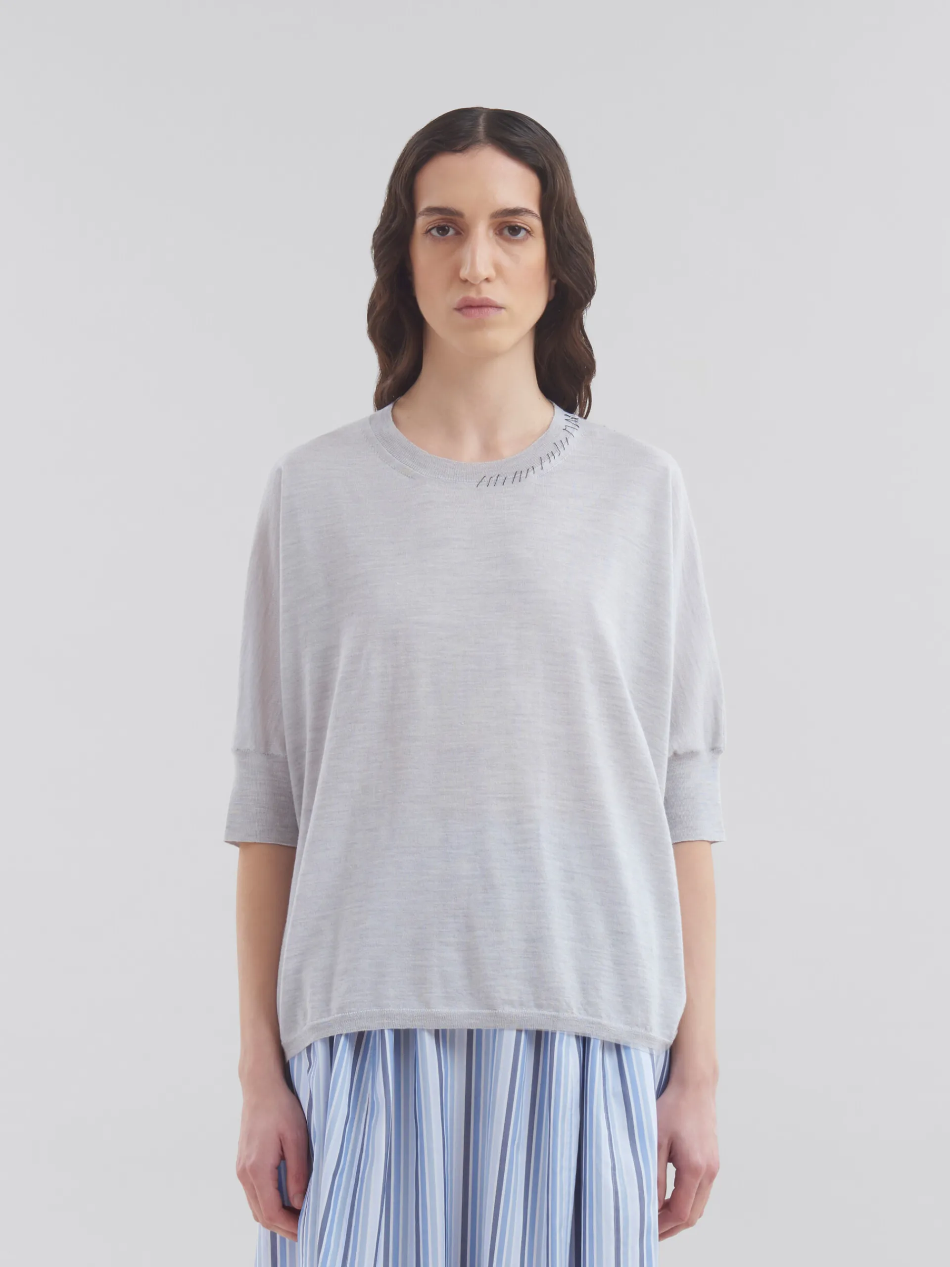 Knitwear>Marni Blue Wool-silk Half-sleeve Jumper With Mending SODIUM