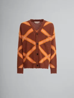 Knitwear>Marni Brown Broken Wool Cardigan With Argyle Motif NOUGAT