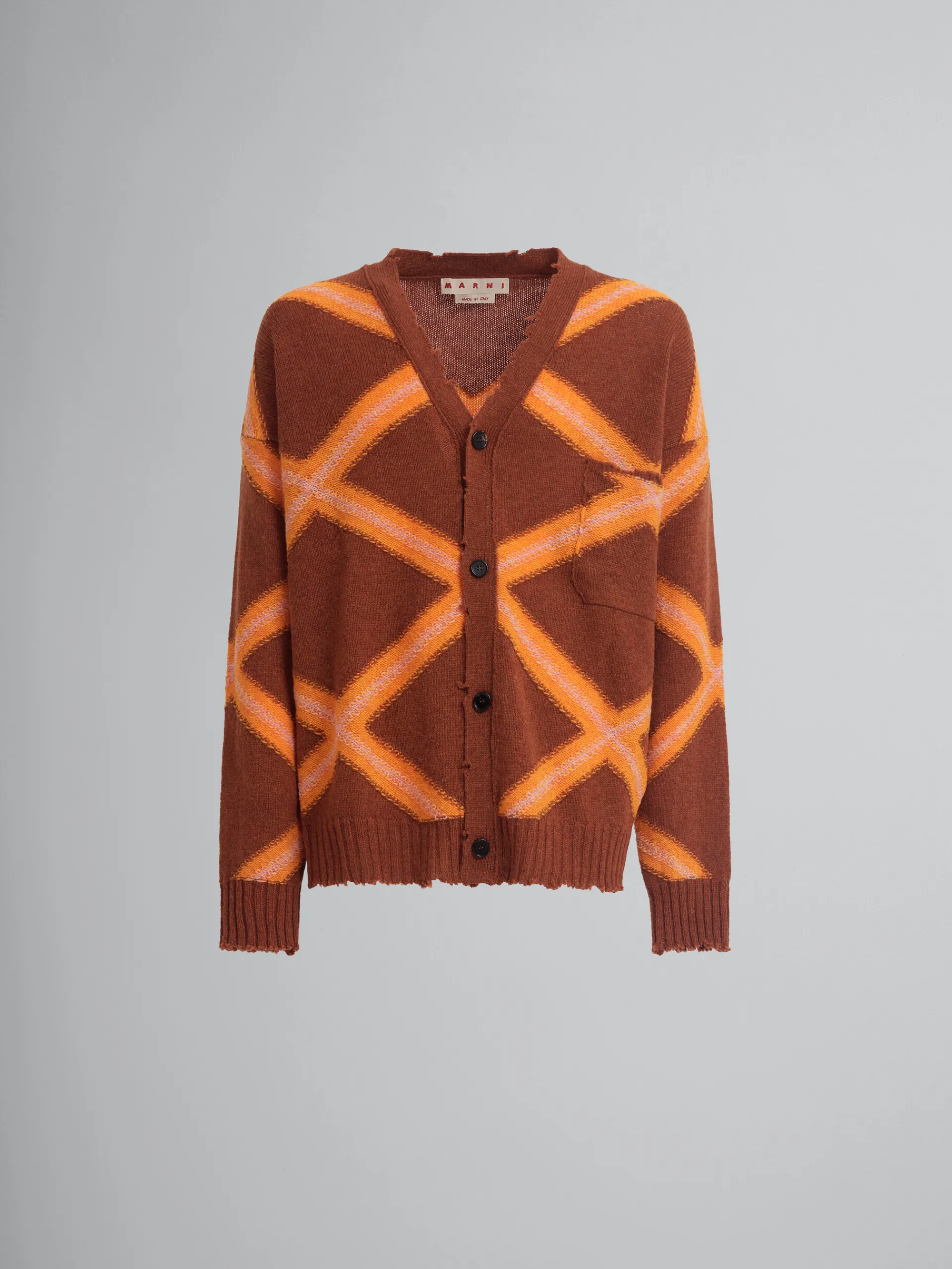 Knitwear>Marni Brown Broken Wool Cardigan With Argyle Motif NOUGAT