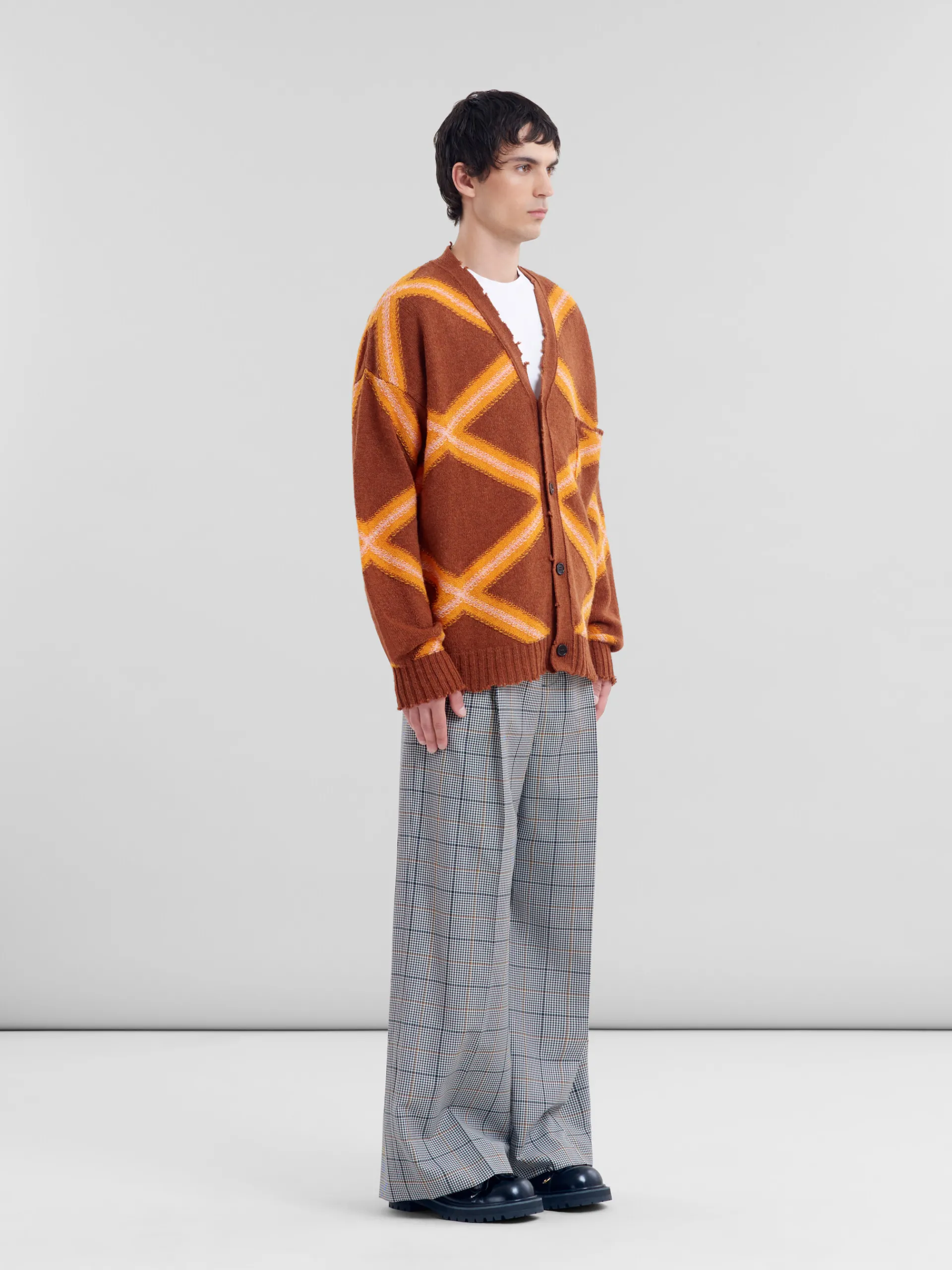 Knitwear>Marni Brown Broken Wool Cardigan With Argyle Motif NOUGAT