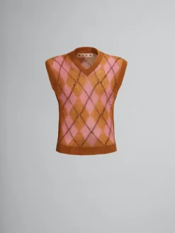 Knitwear>Marni Brown Mohair Argyle Vest With Floating Threads CAMELLIA