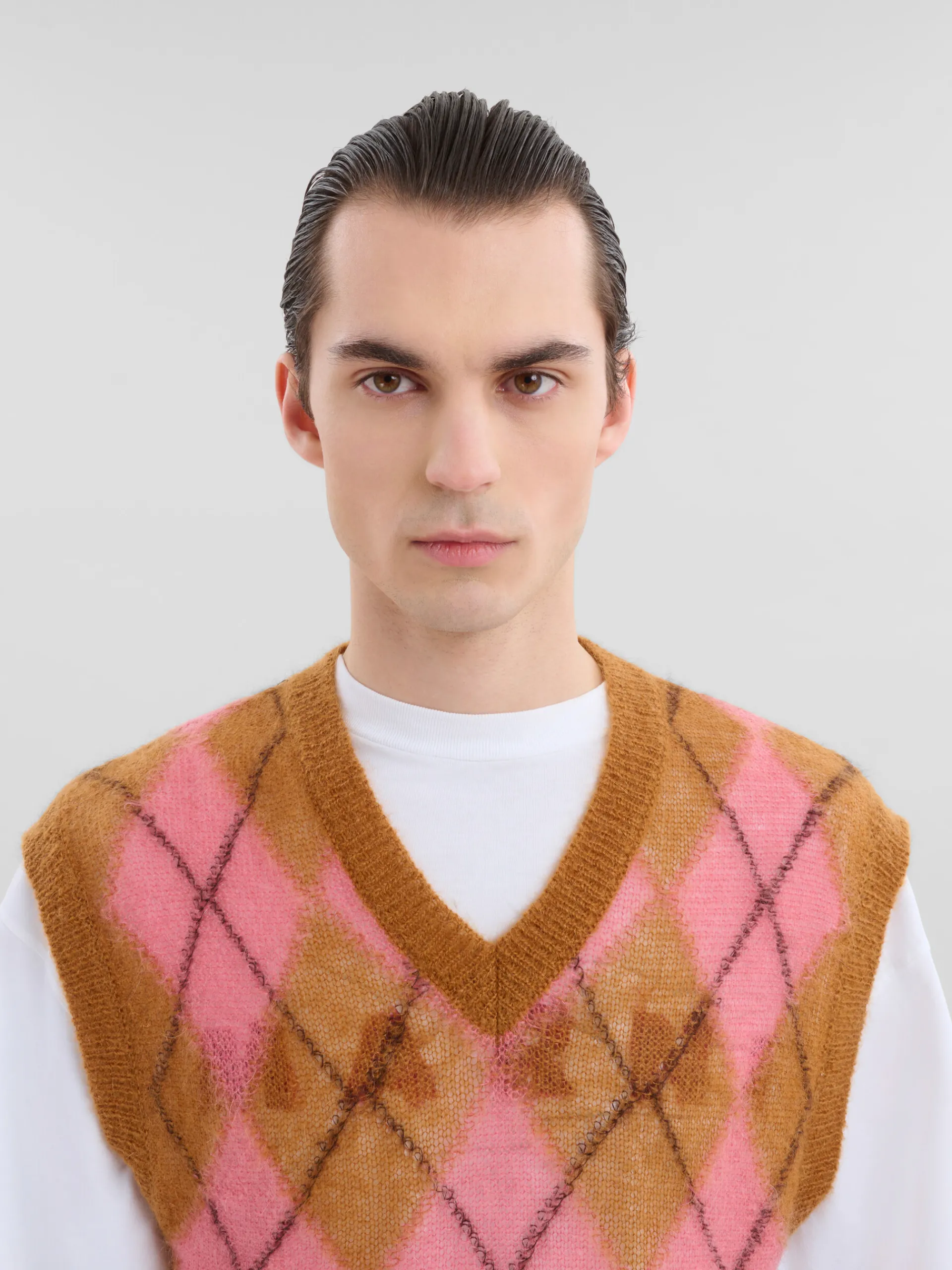 Knitwear>Marni Brown Mohair Argyle Vest With Floating Threads CAMELLIA