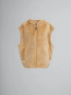 Coats & Jackets>Marni Brown Shaved Shearling Hooded Gilet NOMAD/BEIGE