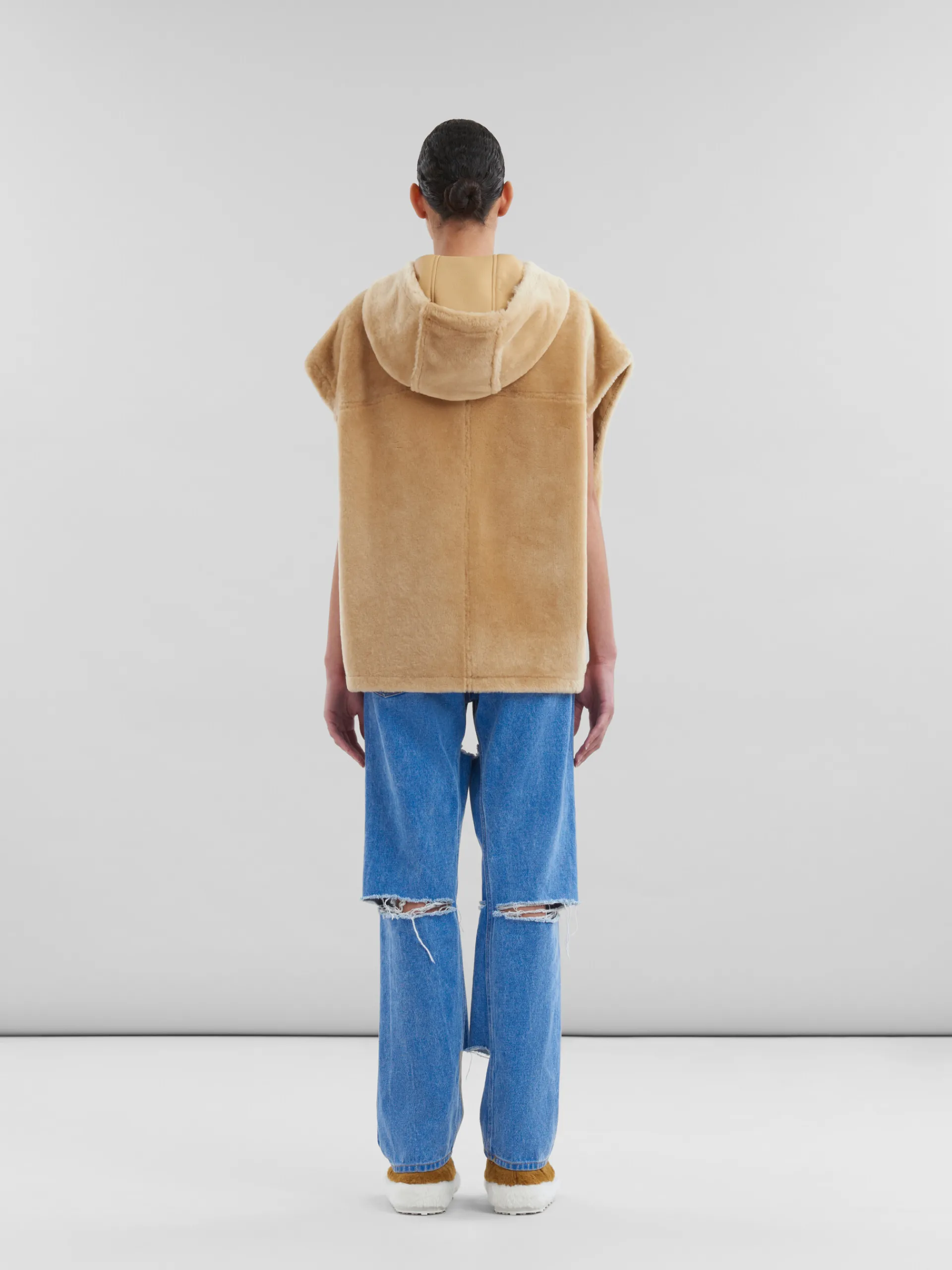 Coats & Jackets>Marni Brown Shaved Shearling Hooded Gilet NOMAD/BEIGE