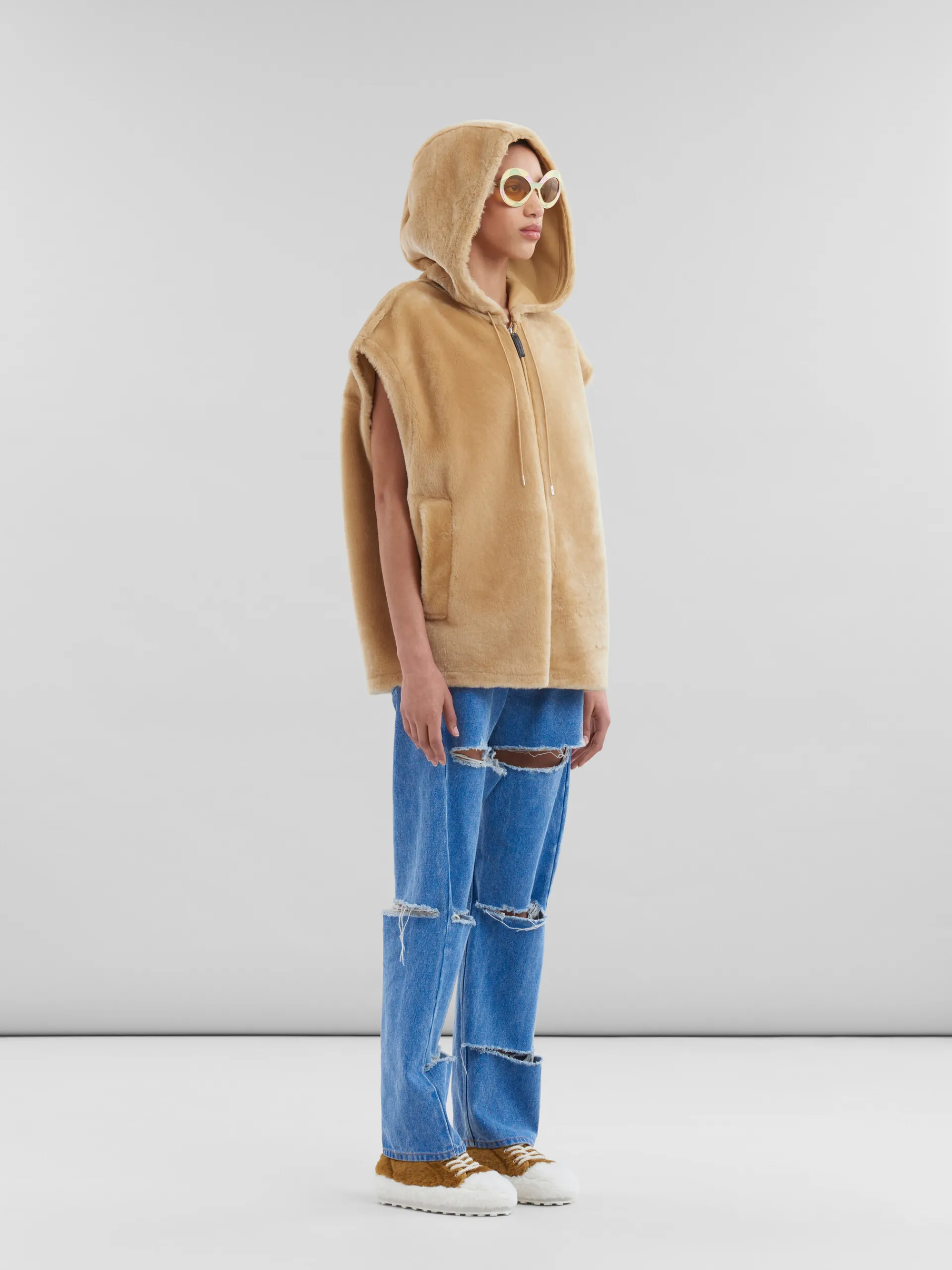 Coats & Jackets>Marni Brown Shaved Shearling Hooded Gilet NOMAD/BEIGE