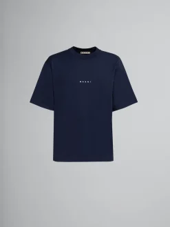 Tops & T-Shirts>Marni Dark Blue Organic Cotton T-shirt With Logo BLUBLACK