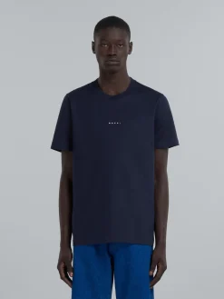 Tops & T-Shirts>Marni Dark Blue Organic Cotton T-shirt With Logo BLUBLACK