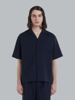 Tops & T-Shirts>Marni Dark Blue Tropical Wool Bowling Shirt BLUBLACK