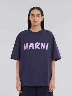 Tops & T-Shirts>Marni Deep Blue Organic Cotton T-shirt With Logo BLUBLACK