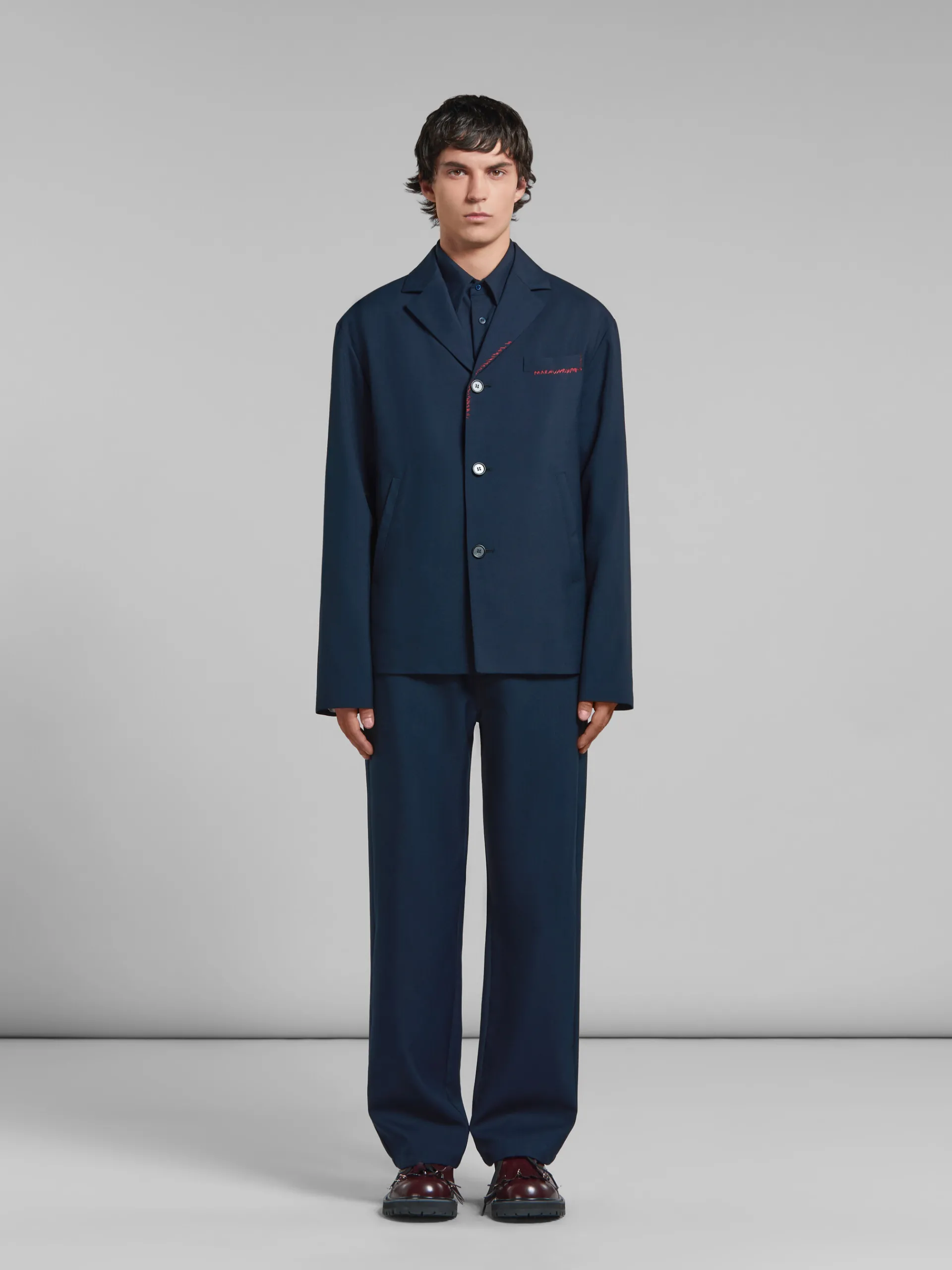 Coats & Jackets>Marni Deep Blue Tropical Wool Blazer With Mending BLUBLACK