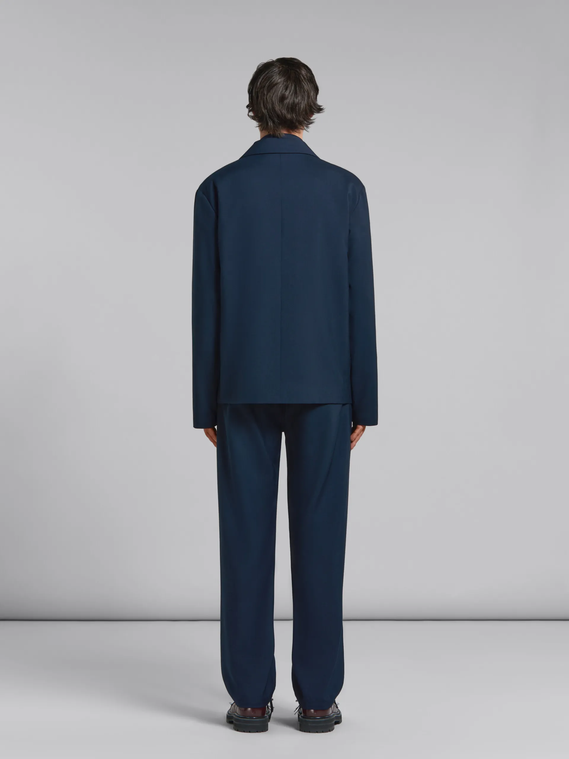 Coats & Jackets>Marni Deep Blue Tropical Wool Blazer With Mending BLUBLACK