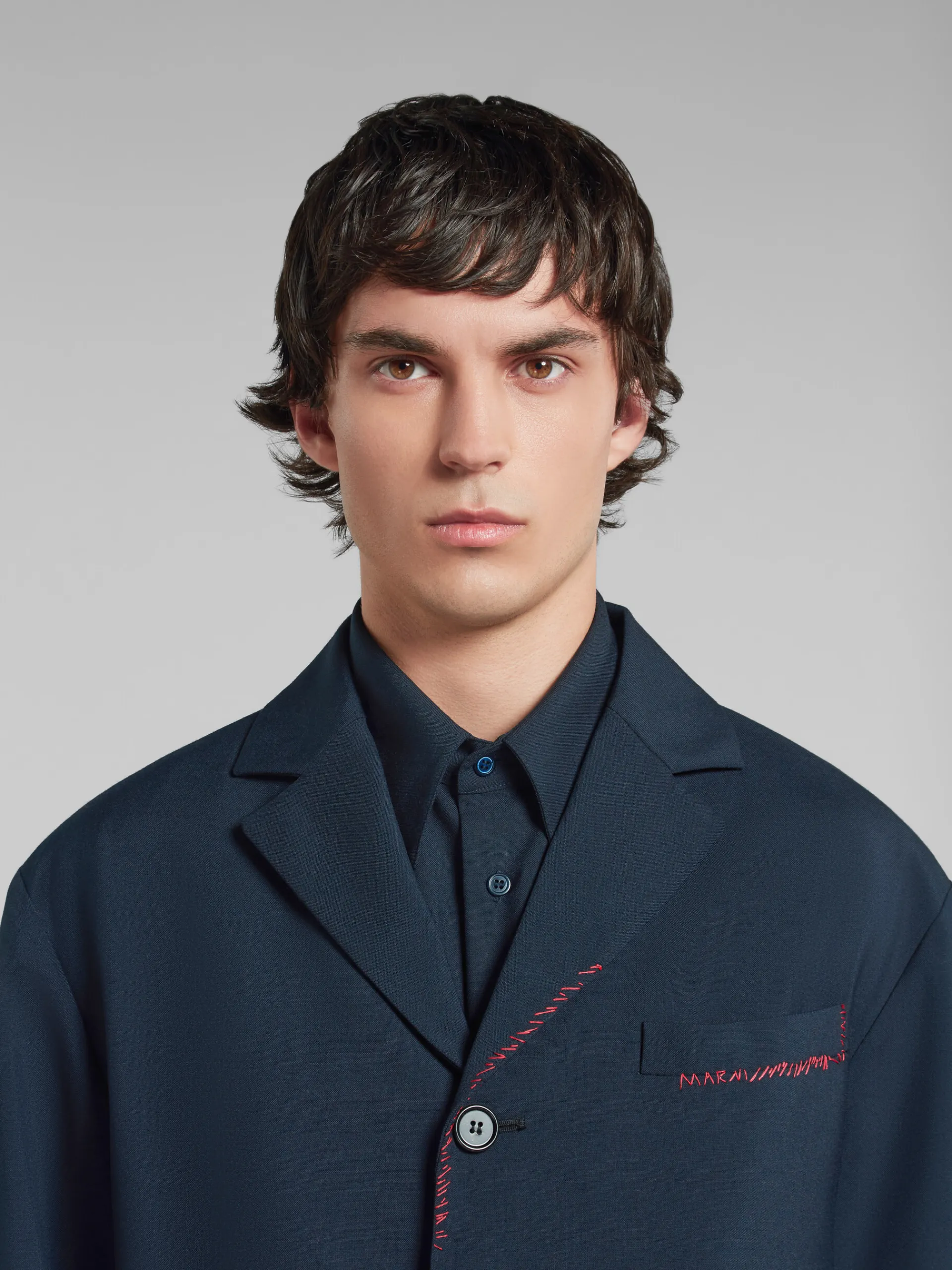 Coats & Jackets>Marni Deep Blue Tropical Wool Blazer With Mending BLUBLACK