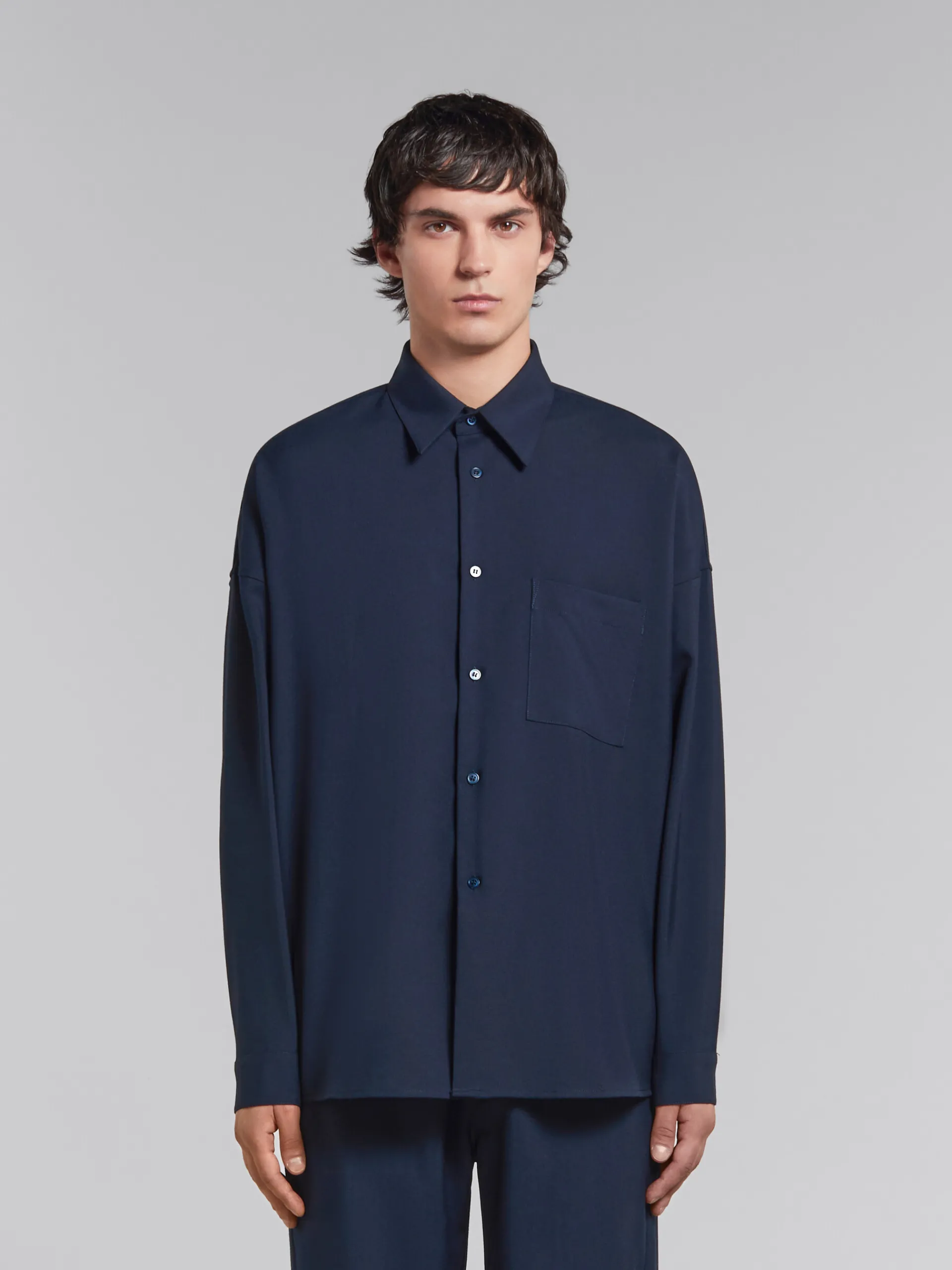 Tops & T-Shirts>Marni Deep Blue Tropical Wool Long-sleeved Shirt BLUBLACK