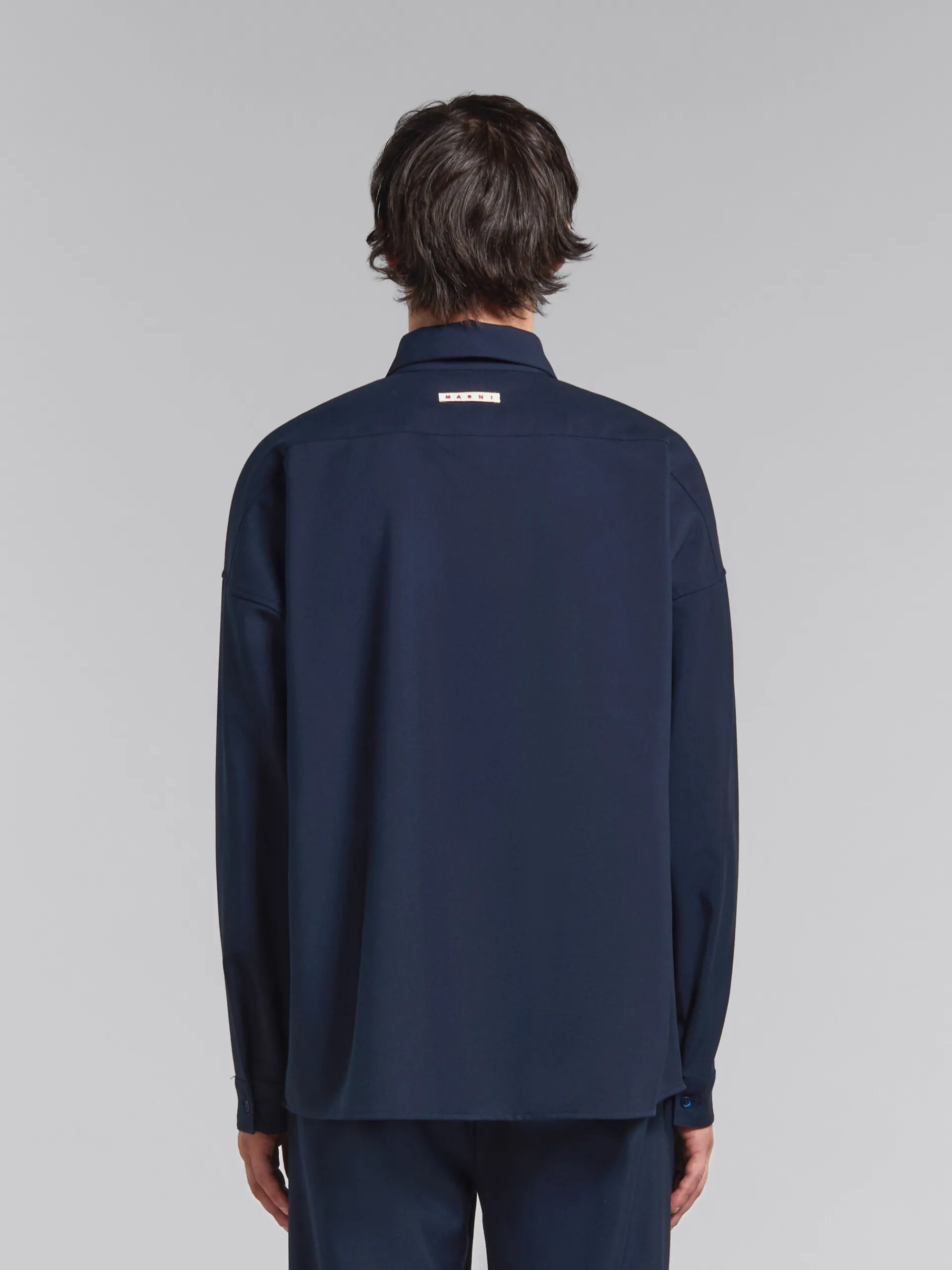 Tops & T-Shirts>Marni Deep Blue Tropical Wool Long-sleeved Shirt BLUBLACK