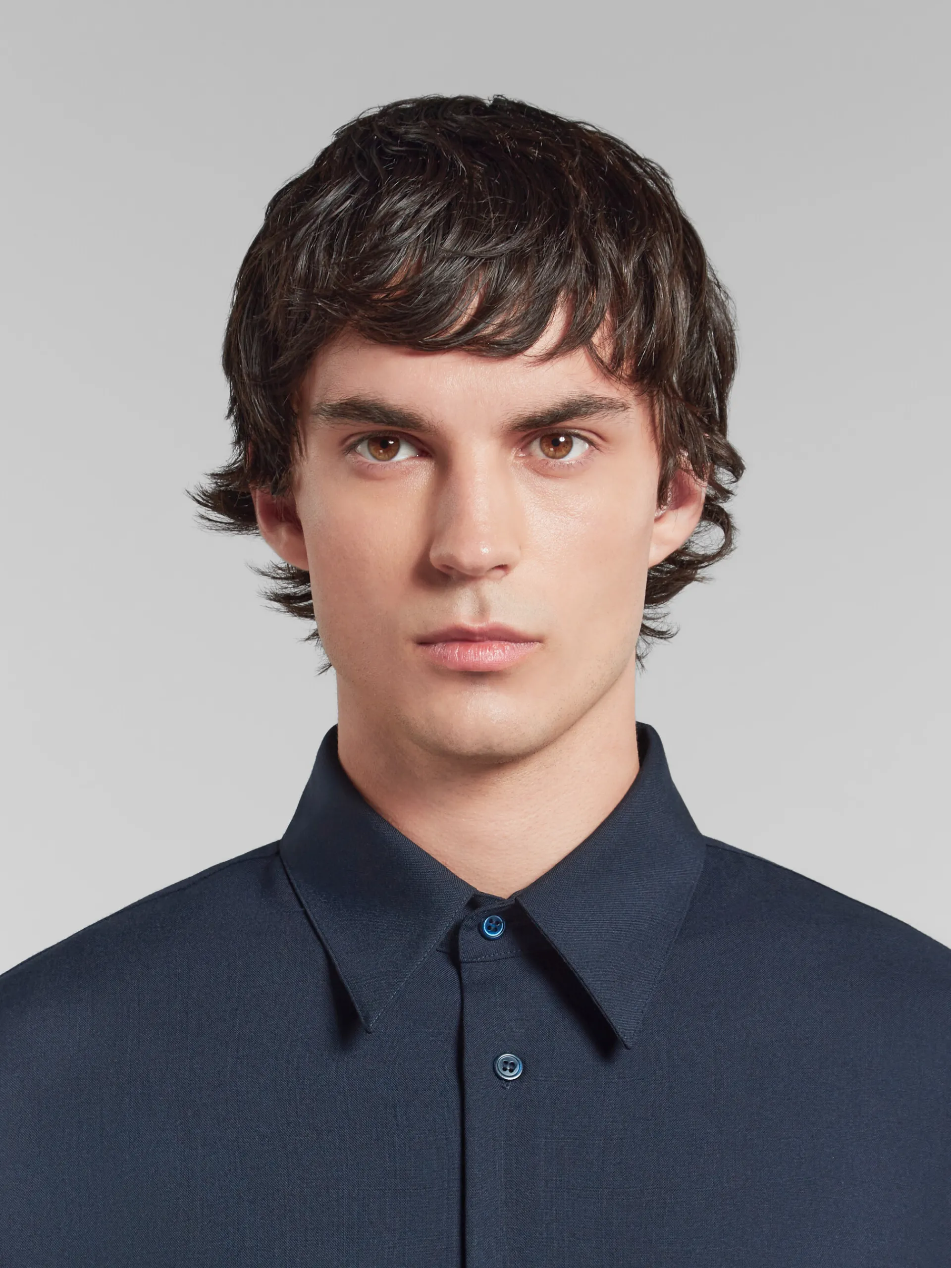 Tops & T-Shirts>Marni Deep Blue Tropical Wool Long-sleeved Shirt BLUBLACK