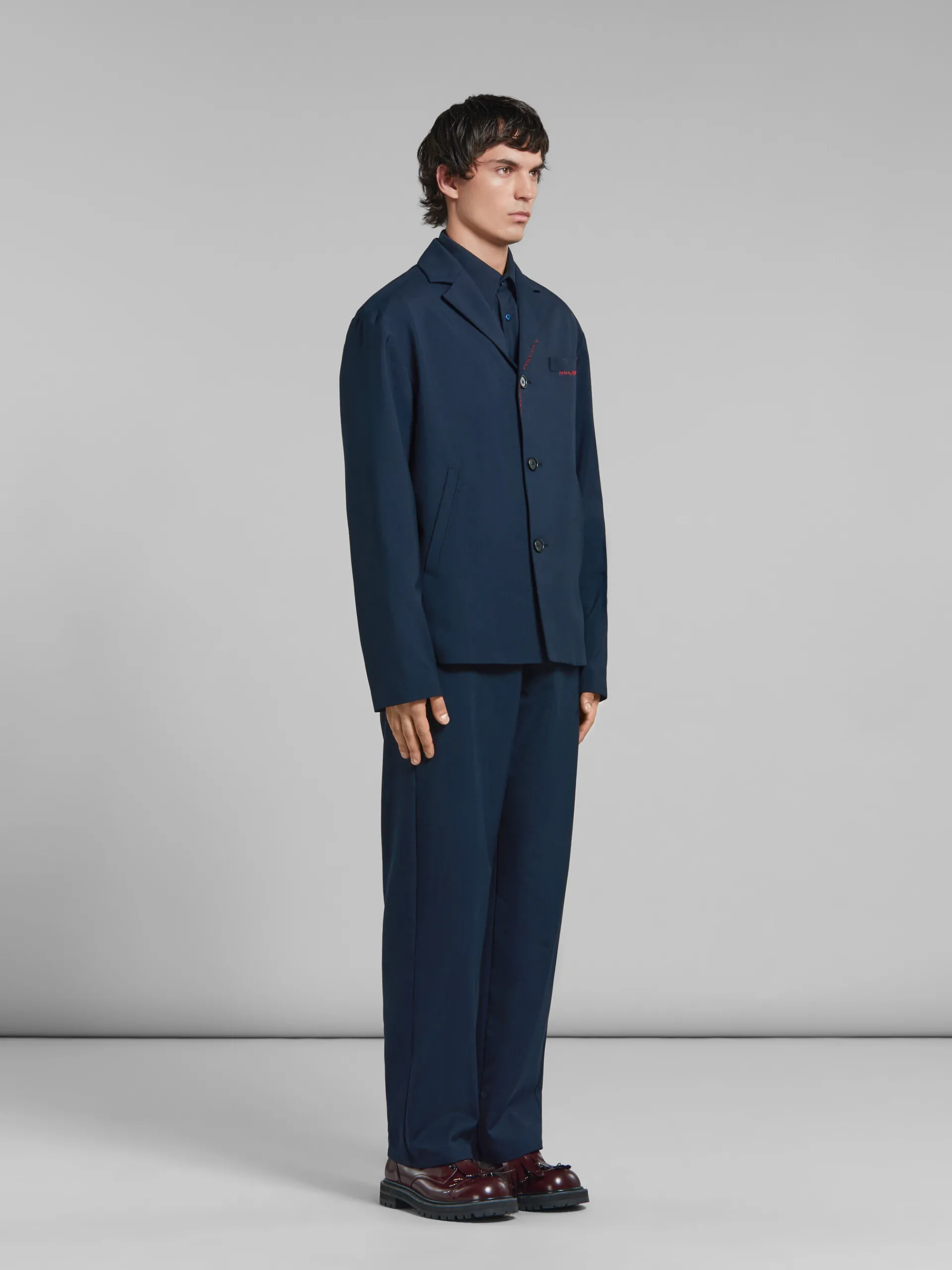 Tops & T-Shirts>Marni Deep Blue Tropical Wool Long-sleeved Shirt BLUBLACK