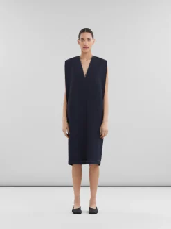 Dresses>Marni Deep Blue Tropical Wool V-neck Dress BLUBLACK
