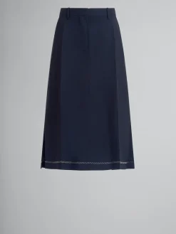 Skirts>Marni Deep Blue Wool Midi Skirt With Pressed Pleats BLUBLACK