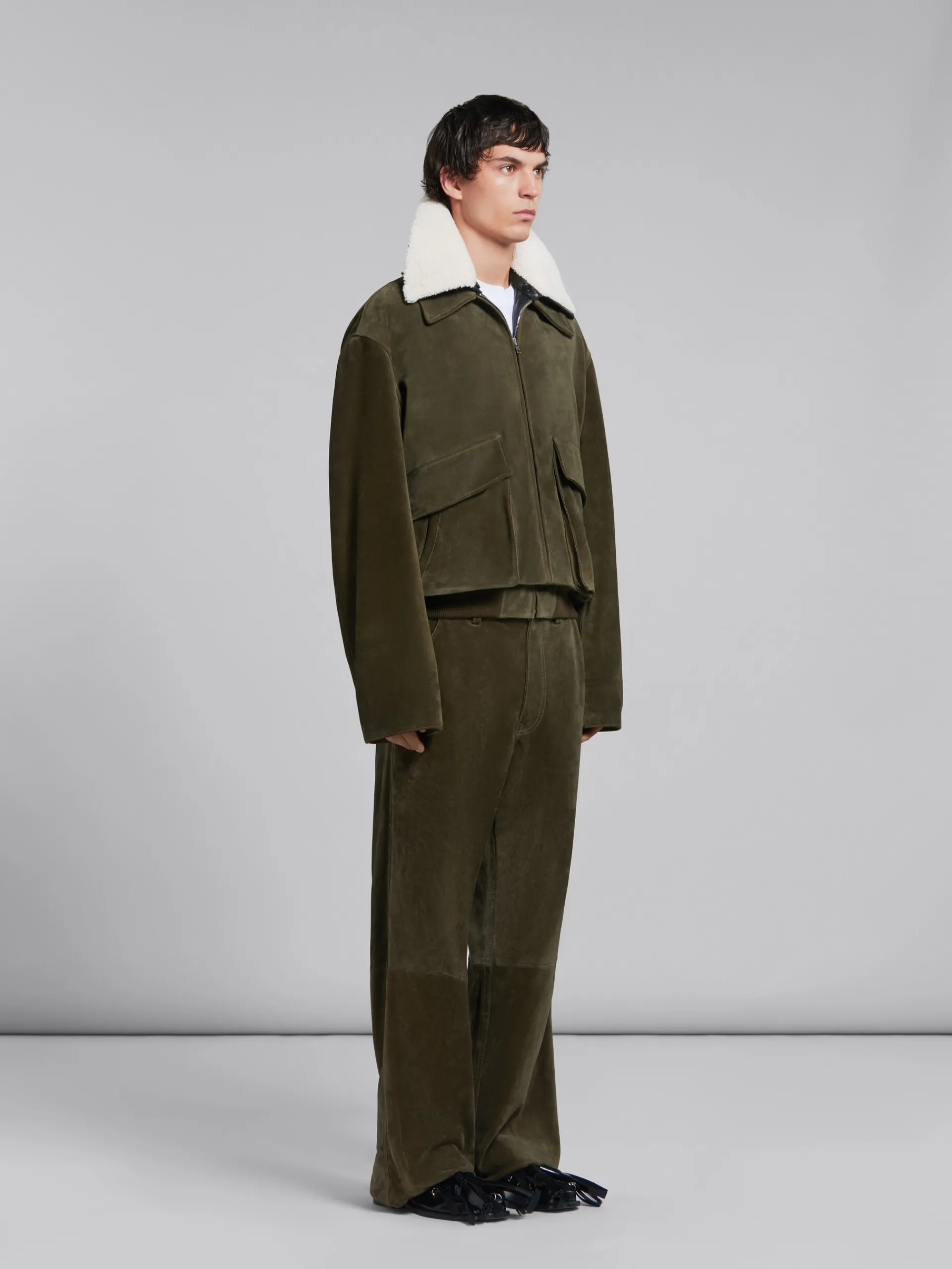 Pants>Marni Green Compact Suede Trousers DARKOLIVE