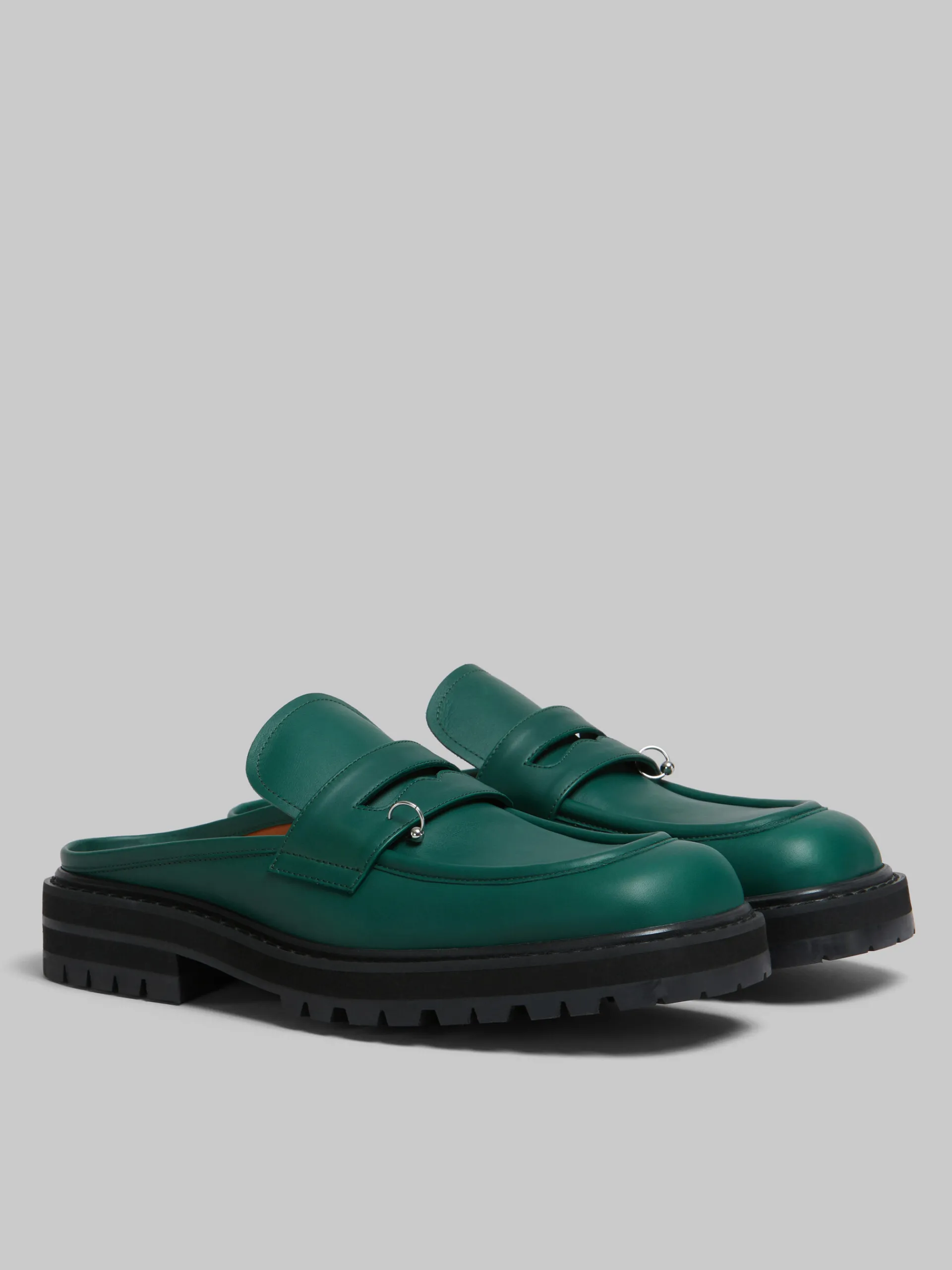 Lace Up & Loafers>Marni Green Leather Piercing 2.0 Chunky Sabot Loafer FORESTGREEN