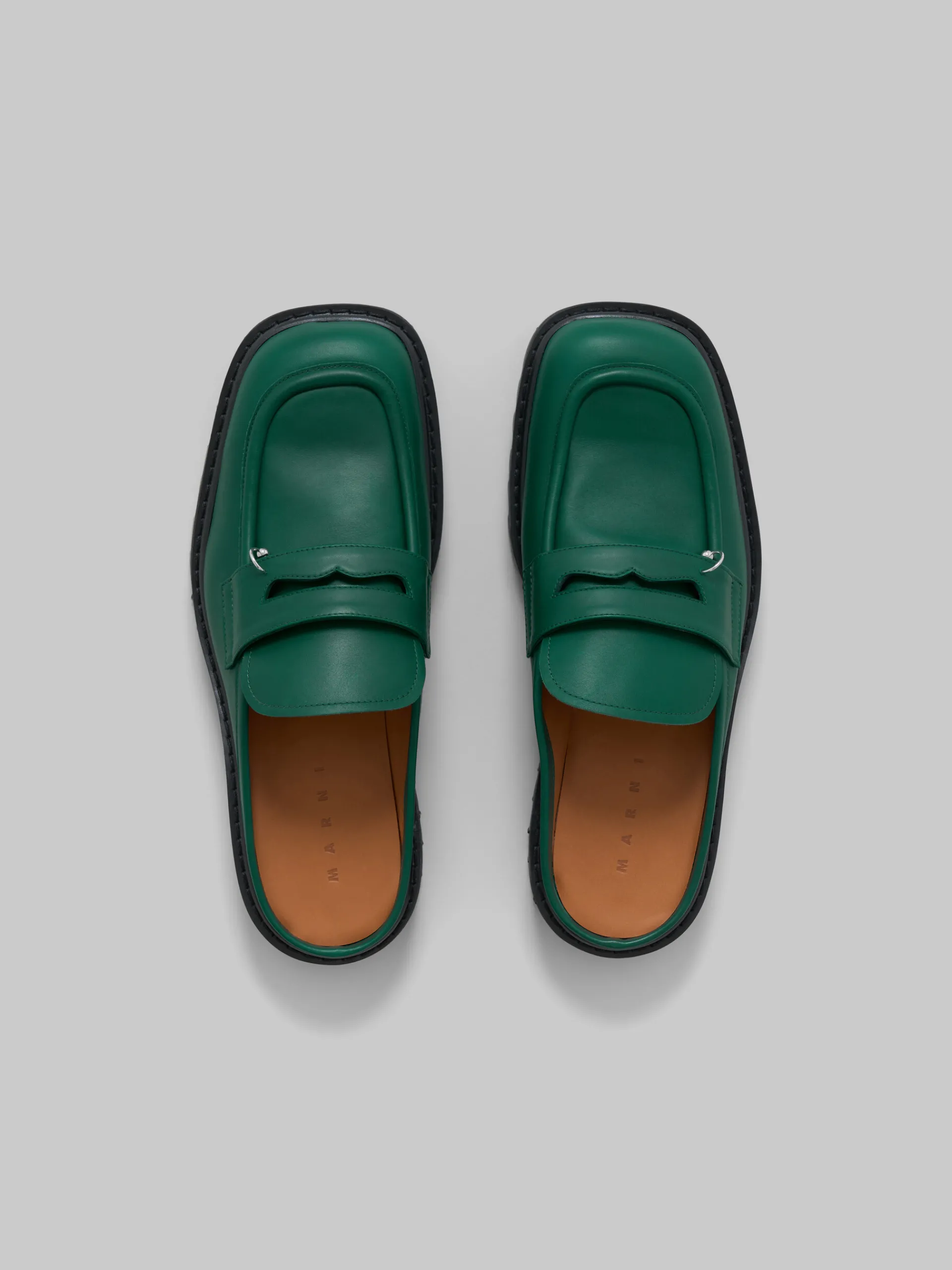 Lace Up & Loafers>Marni Green Leather Piercing 2.0 Chunky Sabot Loafer FORESTGREEN