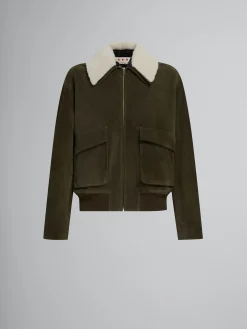 Coats & Jackets>Marni Green Suede Jacket With Shearling Collar DARKOLIVE