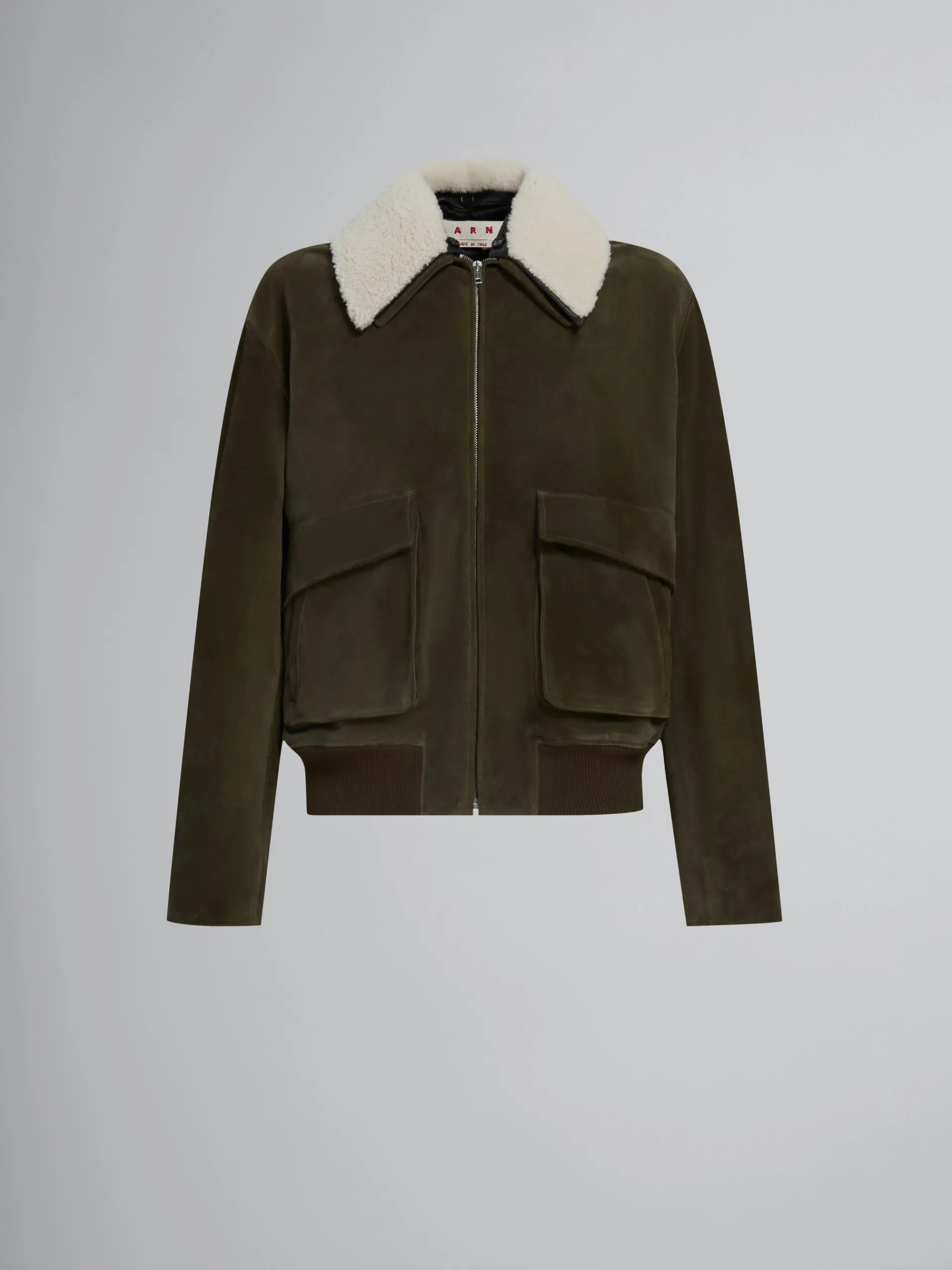Coats & Jackets>Marni Green Suede Jacket With Shearling Collar DARKOLIVE