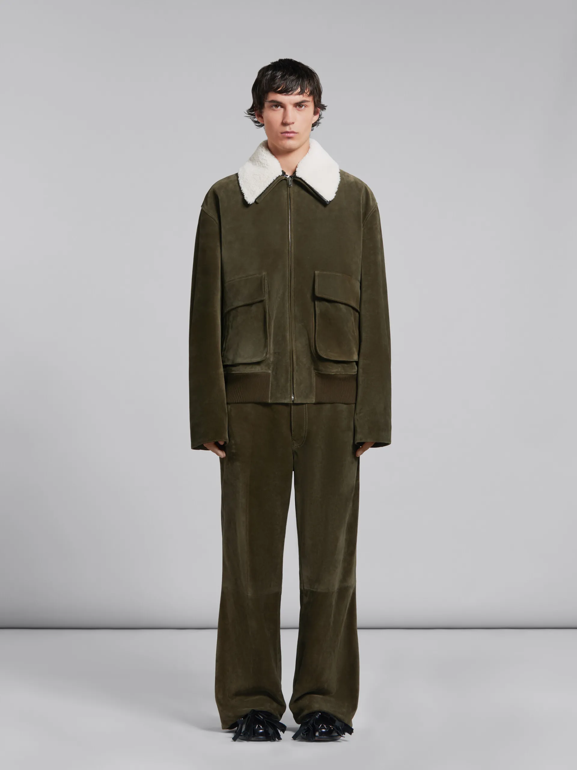 Coats & Jackets>Marni Green Suede Jacket With Shearling Collar DARKOLIVE