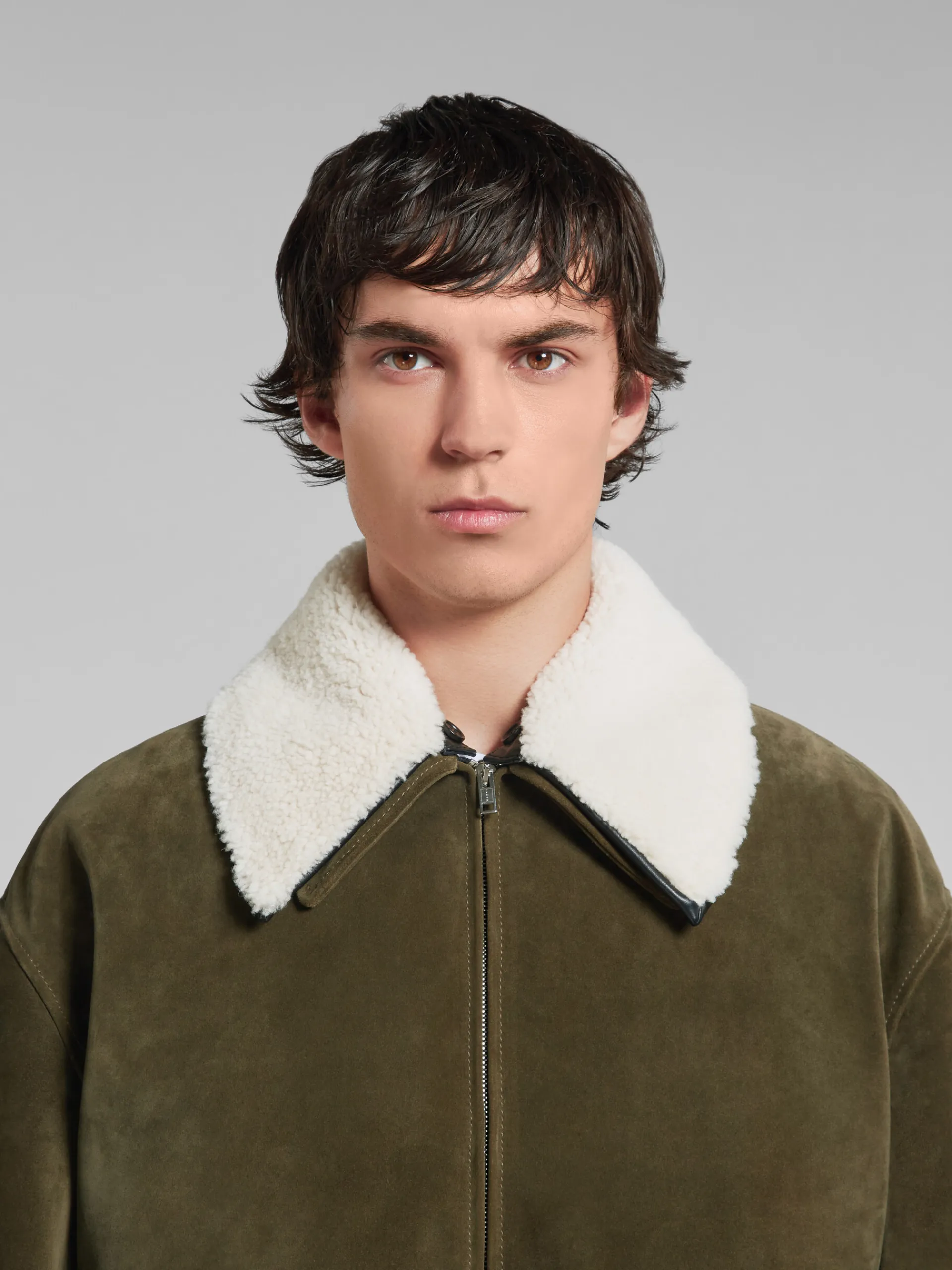 Coats & Jackets>Marni Green Suede Jacket With Shearling Collar DARKOLIVE