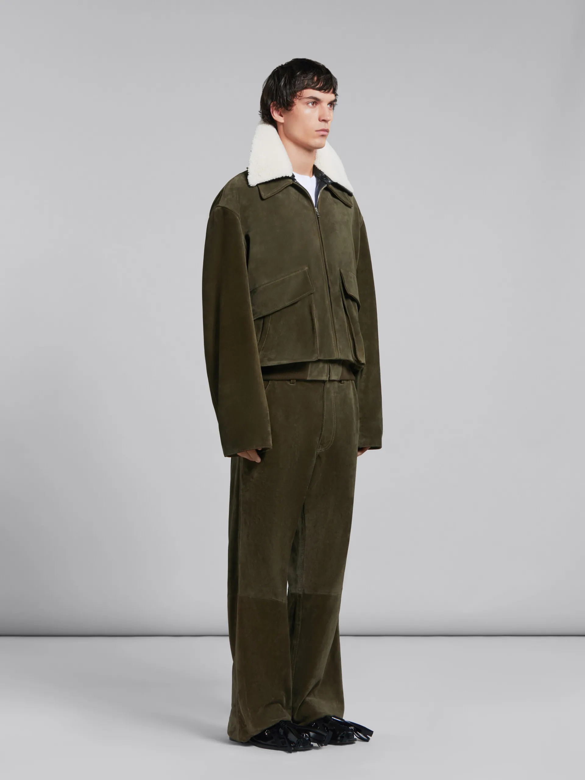 Coats & Jackets>Marni Green Suede Jacket With Shearling Collar DARKOLIVE