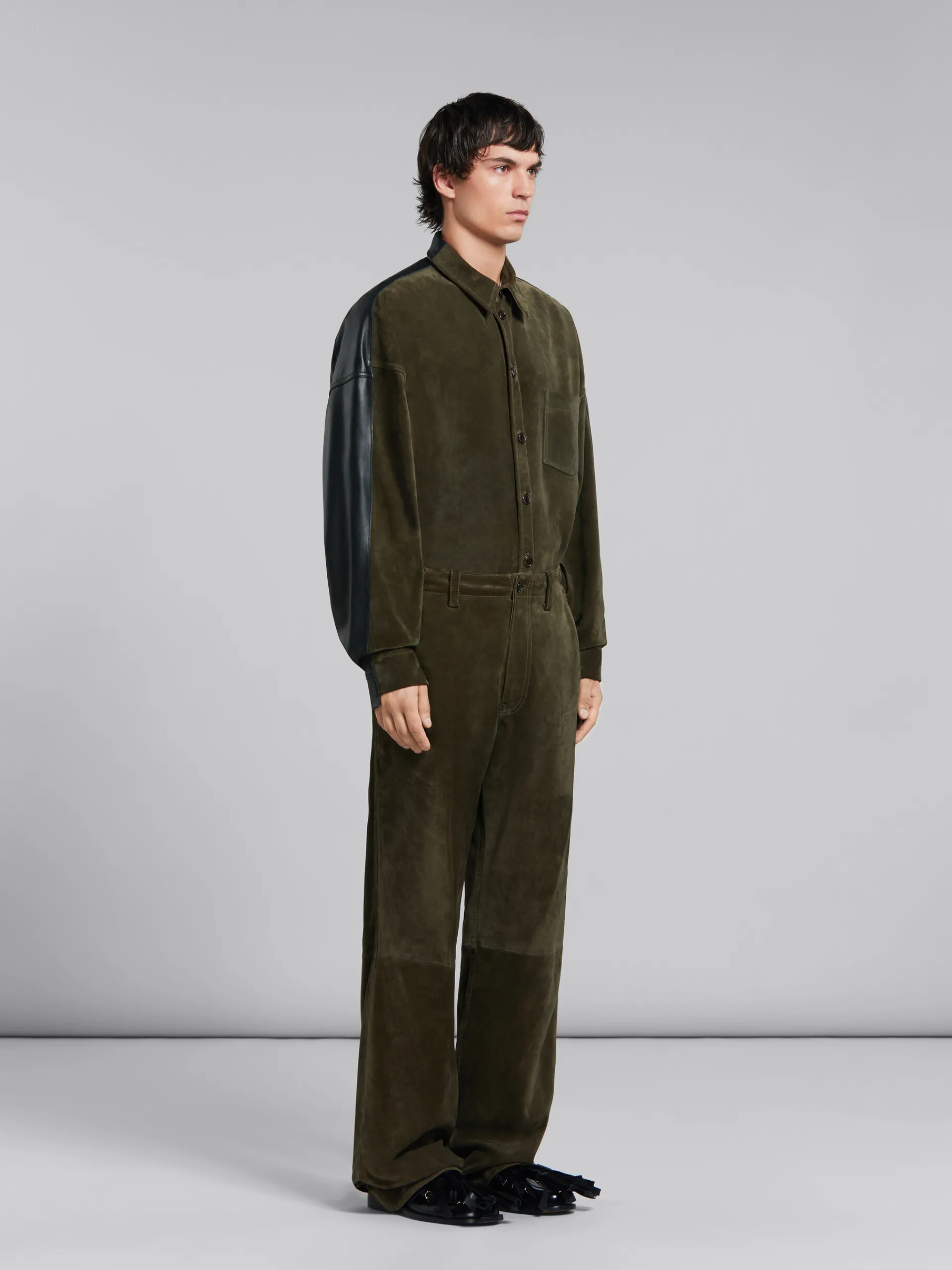 Tops & T-Shirts>Marni Green Suede Shirt With Leather Back DARKOLIVE