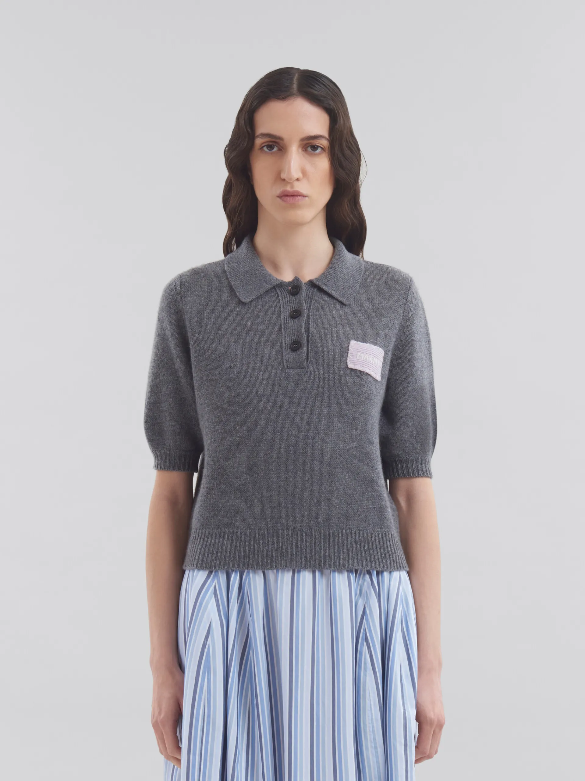 Knitwear | Tops & T-Shirts>Marni Grey Cashmere Polo Jumper With Patch GRAPHITE
