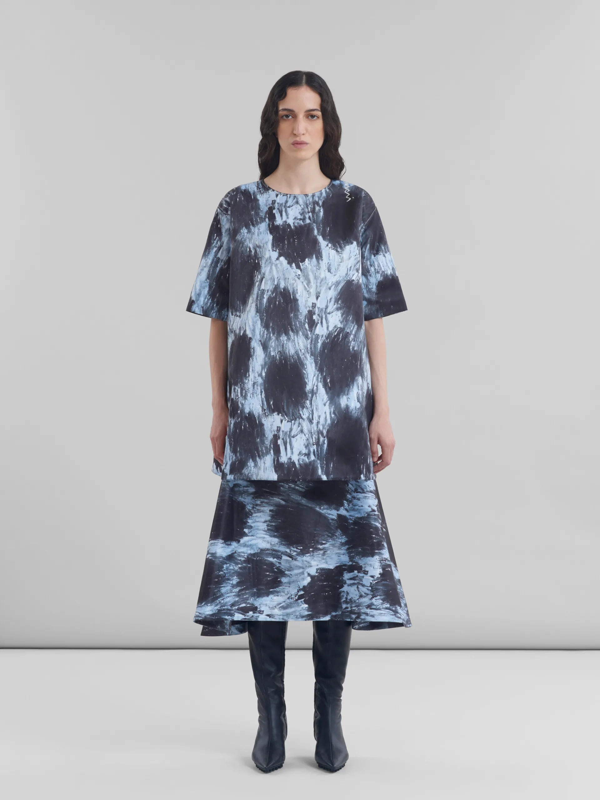 Dresses>Marni Grey Duchesse Dress With Crayon Leopard Print ANTIQUE SILVER