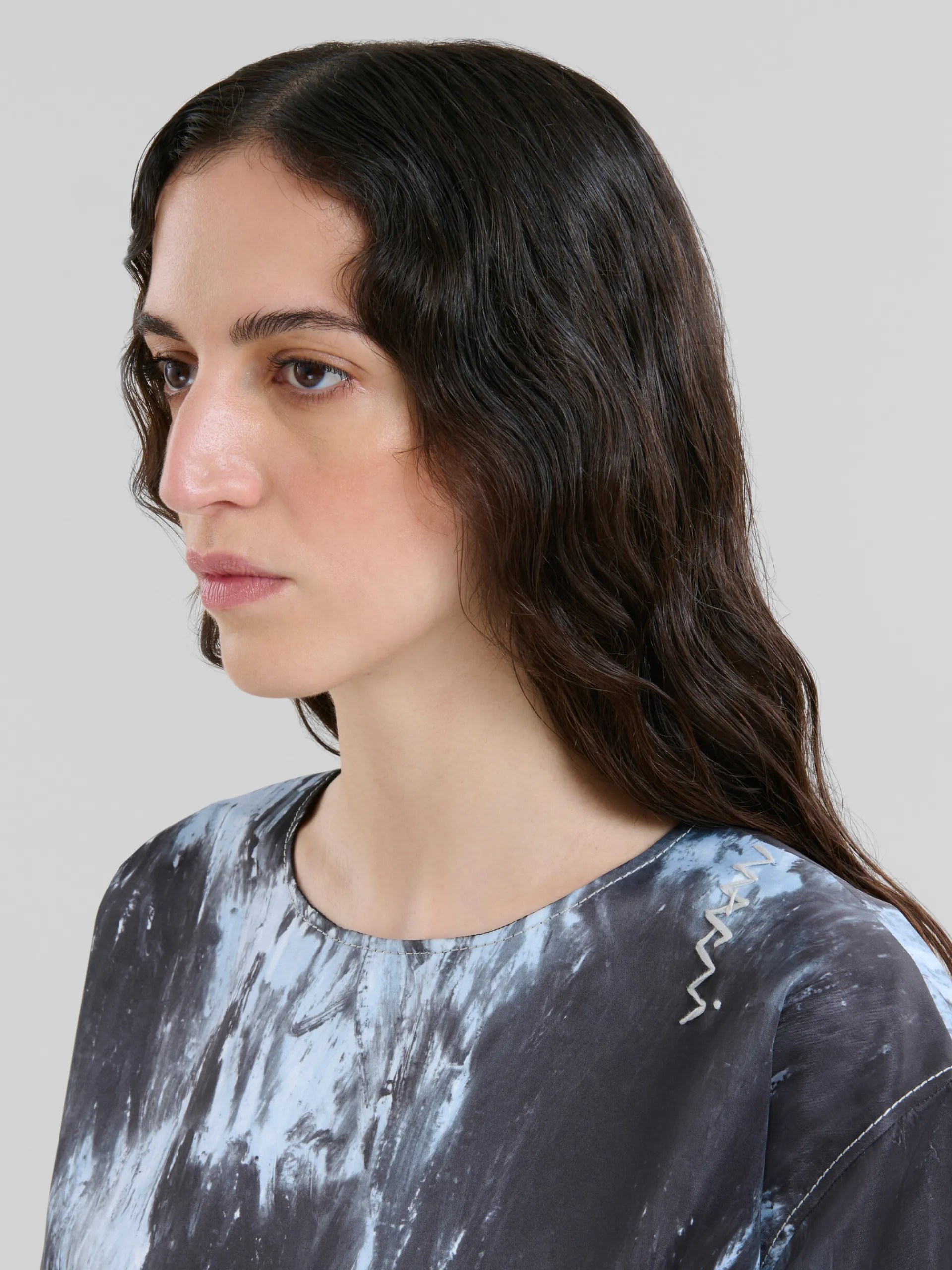 Dresses>Marni Grey Duchesse Dress With Crayon Leopard Print ANTIQUE SILVER