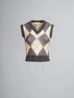 Knitwear>Marni Grey Mohair Argyle Vest With Floating Threads ENDIVE/PINK
