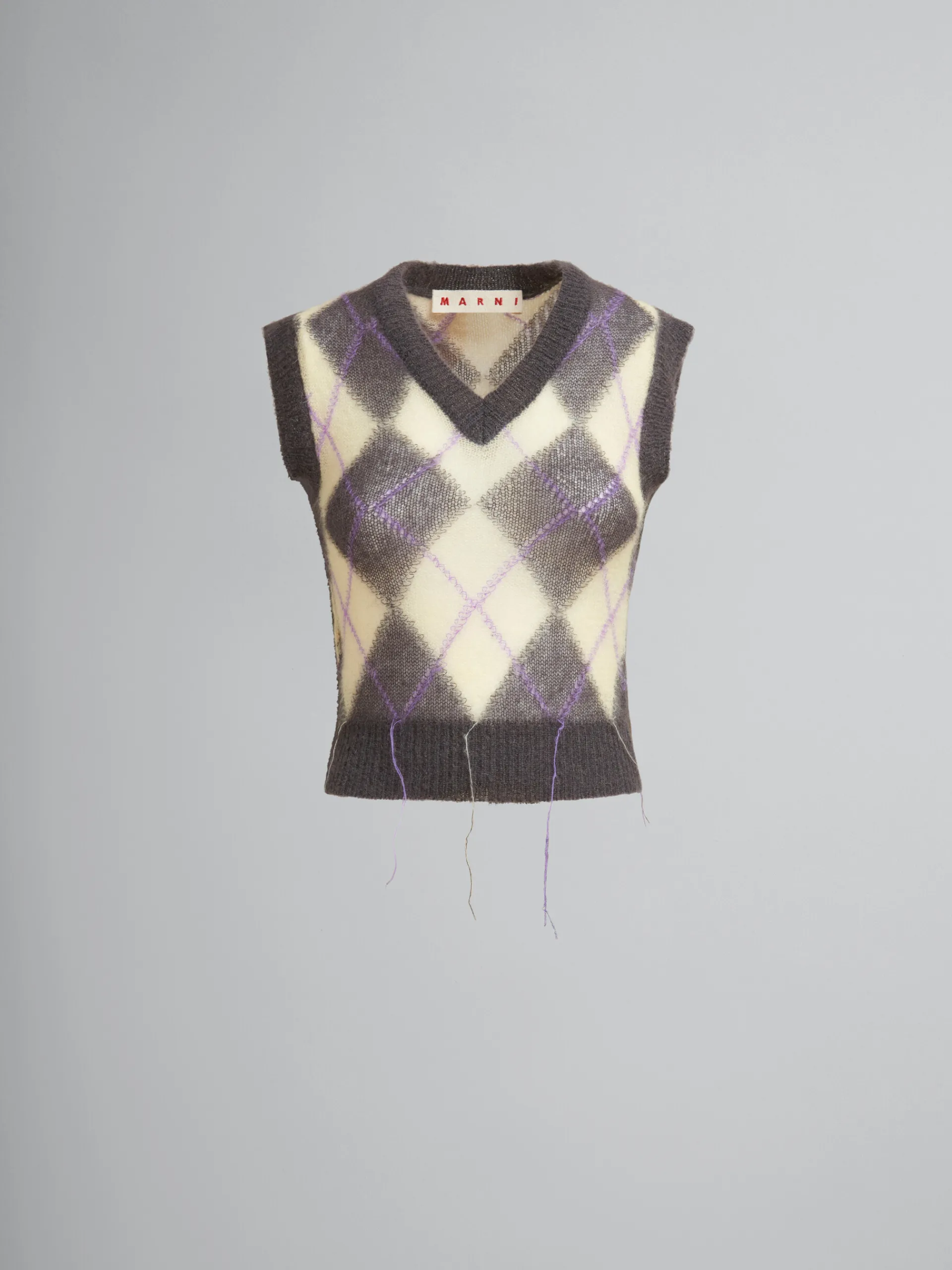 Knitwear>Marni Grey Mohair Argyle Vest With Floating Threads ENDIVE/PINK