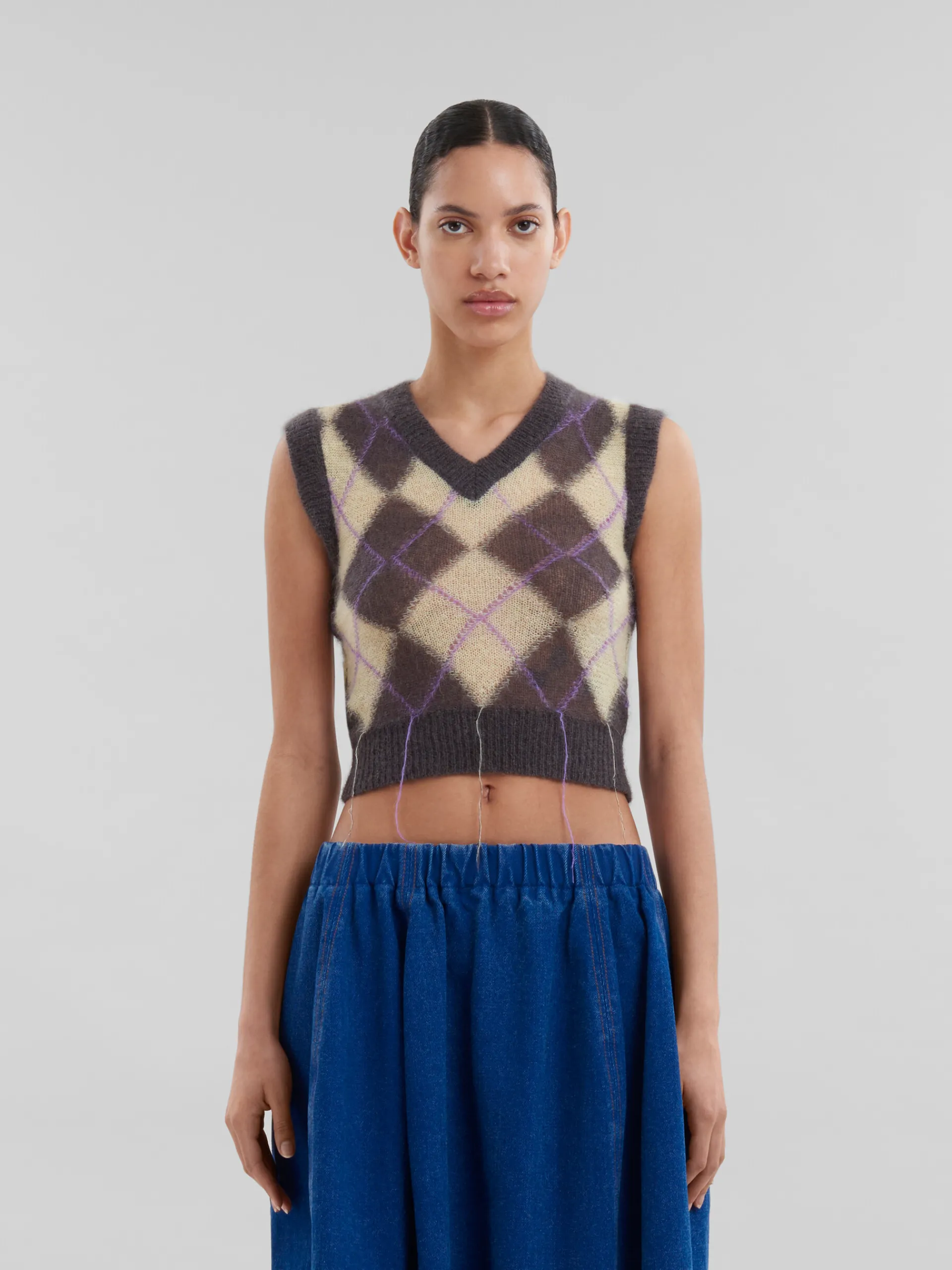 Knitwear>Marni Grey Mohair Argyle Vest With Floating Threads ENDIVE/PINK