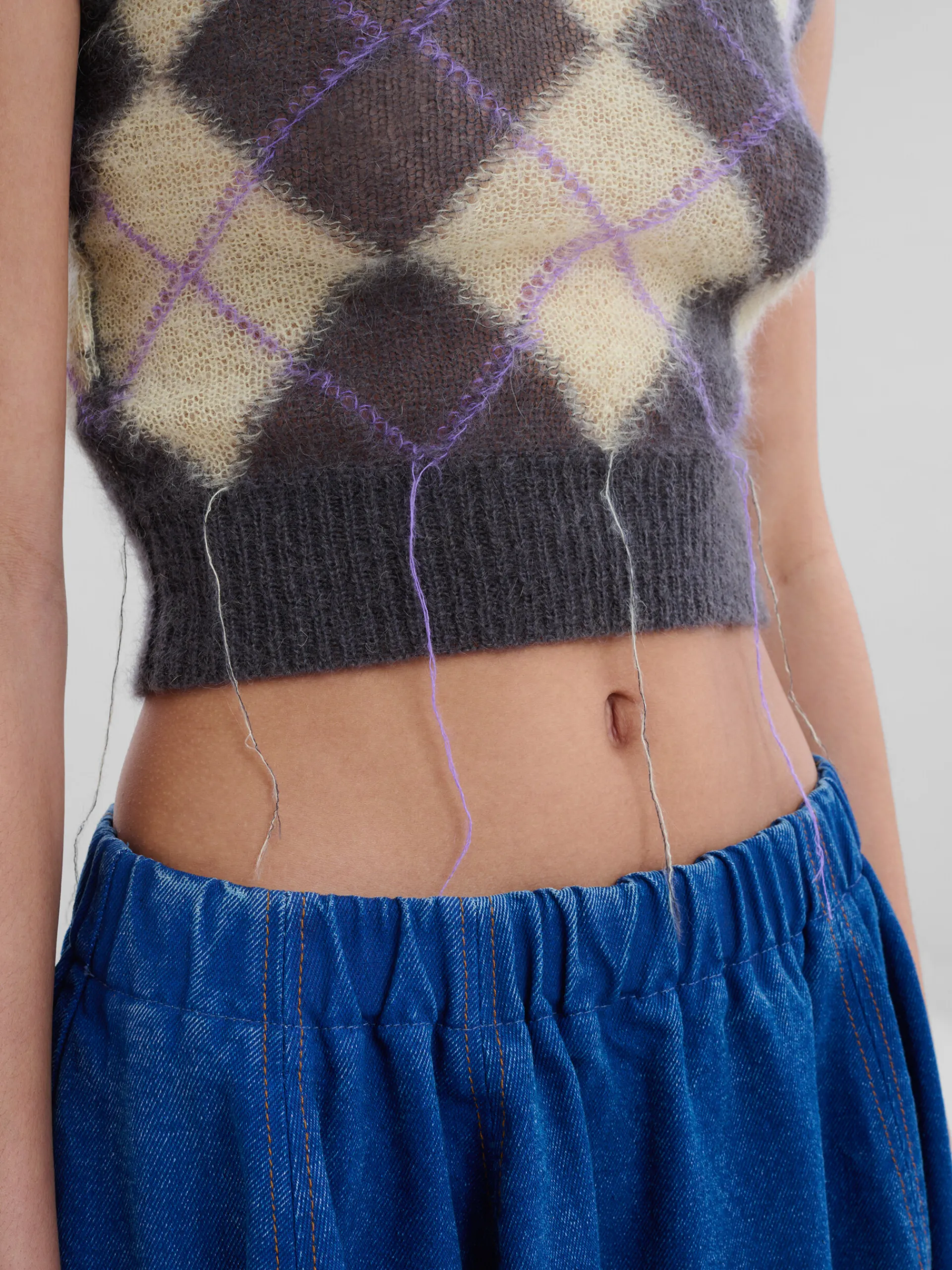 Knitwear>Marni Grey Mohair Argyle Vest With Floating Threads ENDIVE/PINK