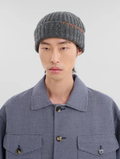 Hats>Marni Grey Shetland Wool Beanie With Mending GRANITE