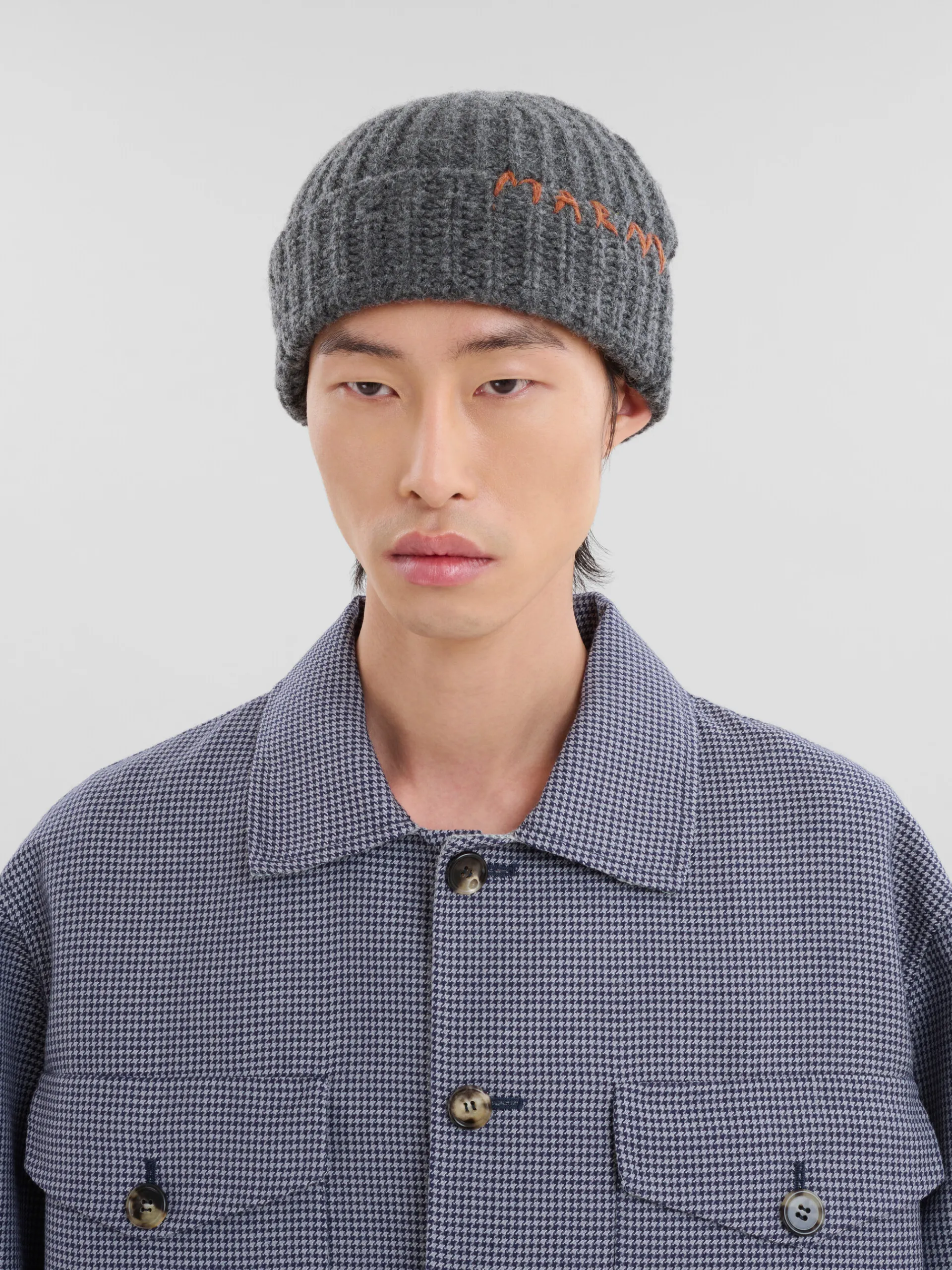Hats>Marni Grey Shetland Wool Beanie With Mending GRANITE