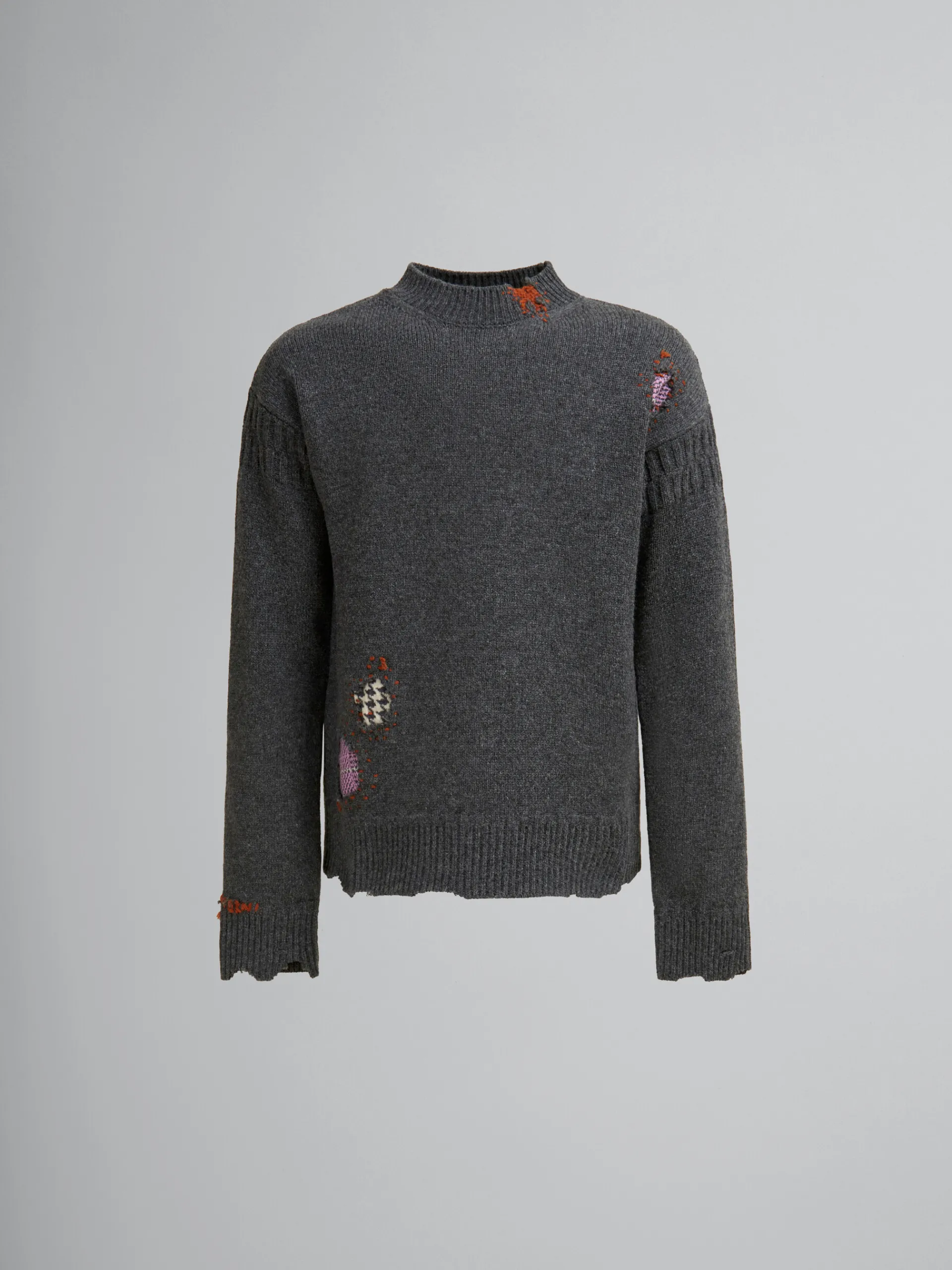 Knitwear>Marni Grey Shetland Wool Jumper With Mending Embroidery GRANITE