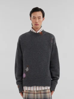 Knitwear>Marni Grey Shetland Wool Jumper With Mending Embroidery GRANITE